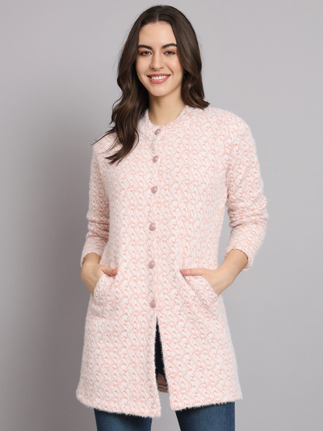 eWools Self Design Band Collar Acrylic Wool Longline Cardigan Sweater