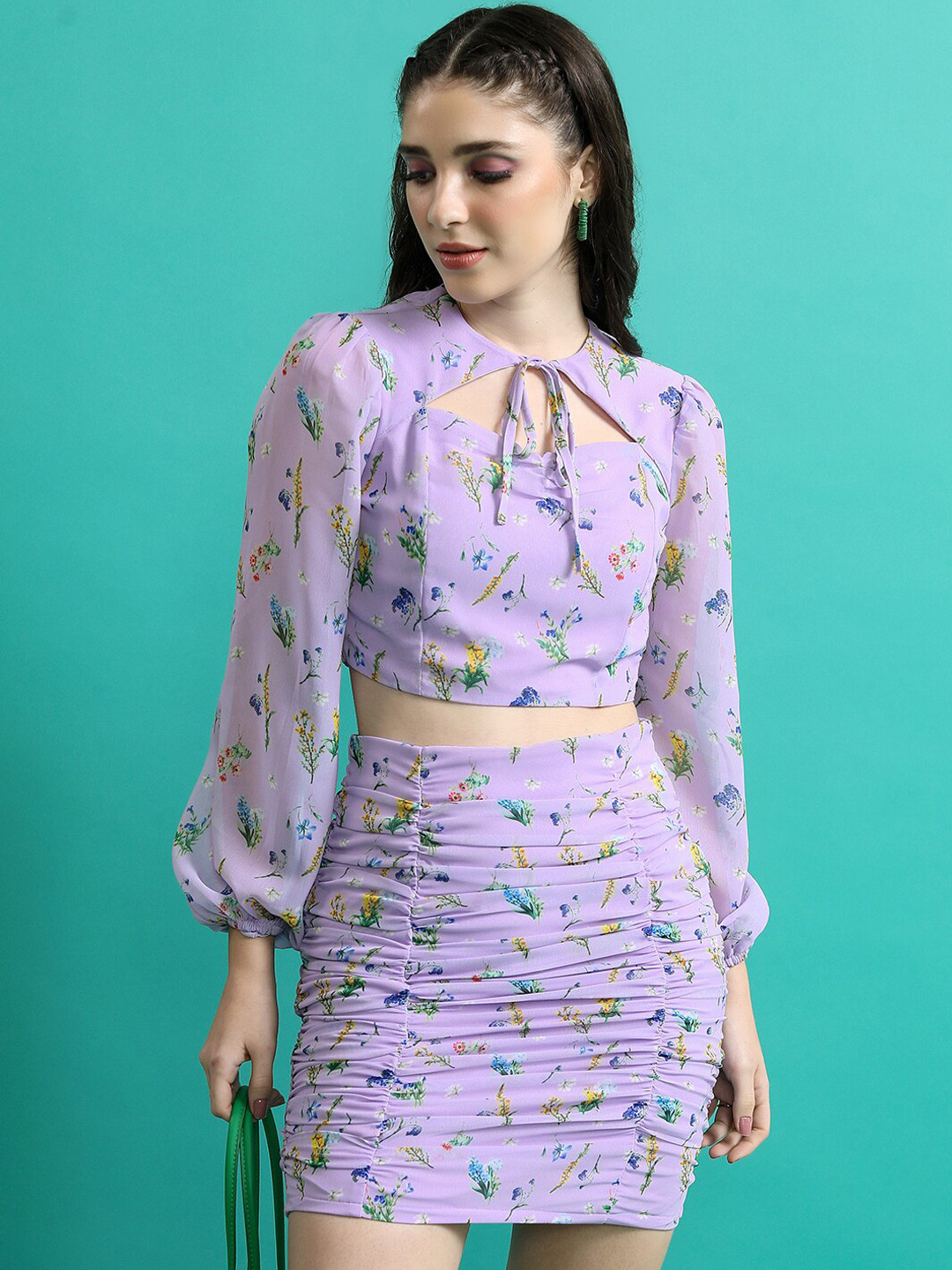 Tokyo Talkies Lavender Floral Printed Top With Ruched Skirt Co-Ords