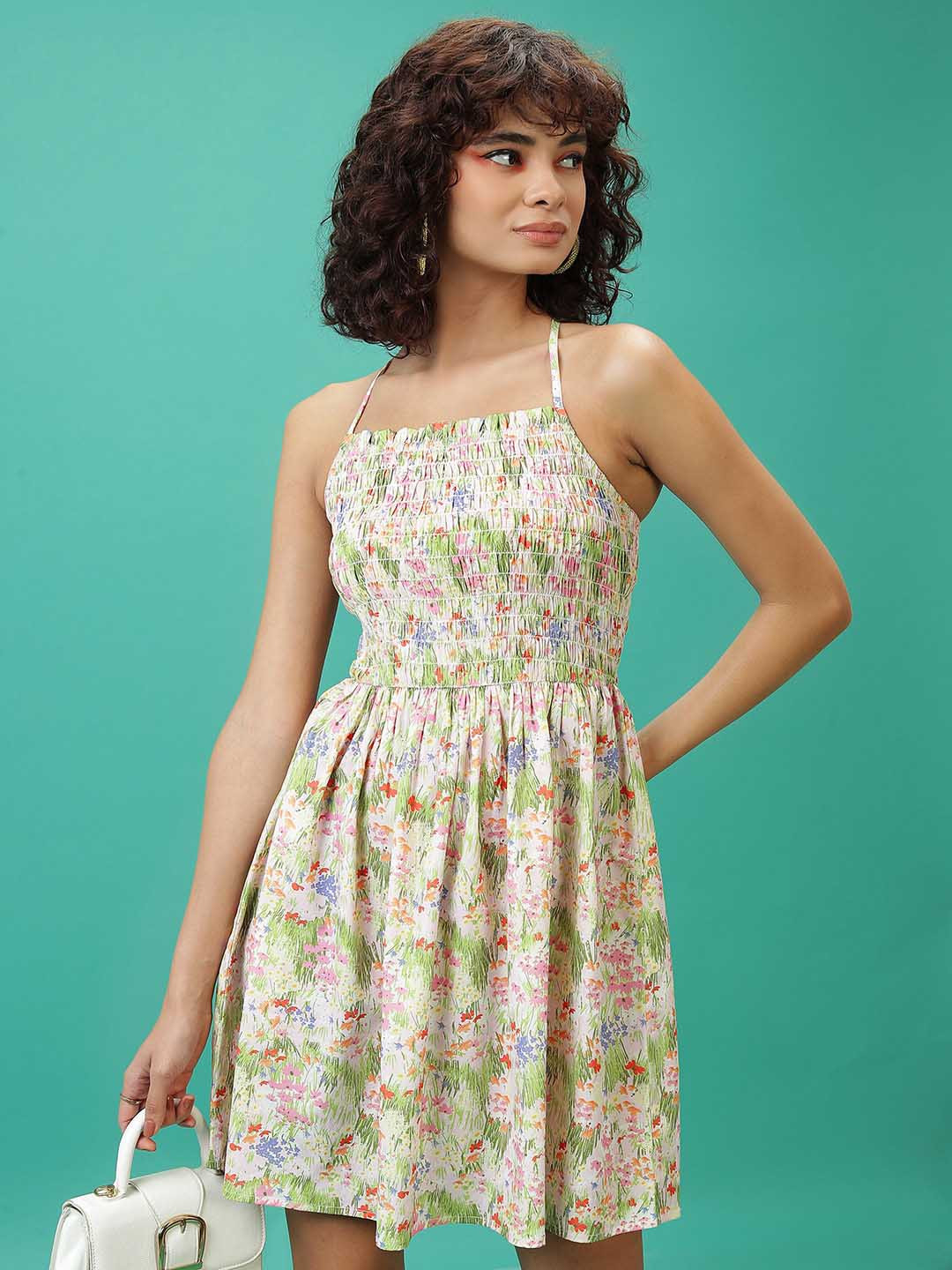 Tokyo Talkies Pink Floral Printed Smocked Fit & Flare Mini Dress