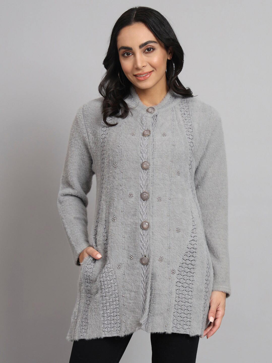 eWools Self Design Round Neck Long Sleeve Embellished Wool Cable Knit Sweaters