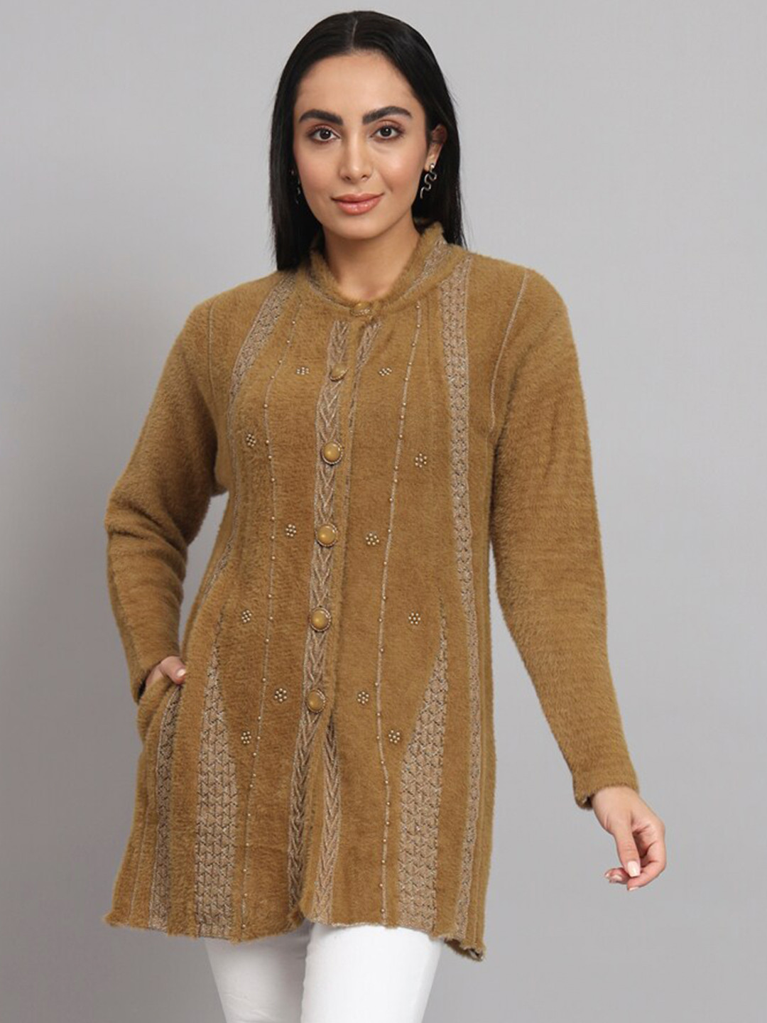 eWools Self Design Stand Collar Embellished Detailed Acrylic Wool Longline Cardigan