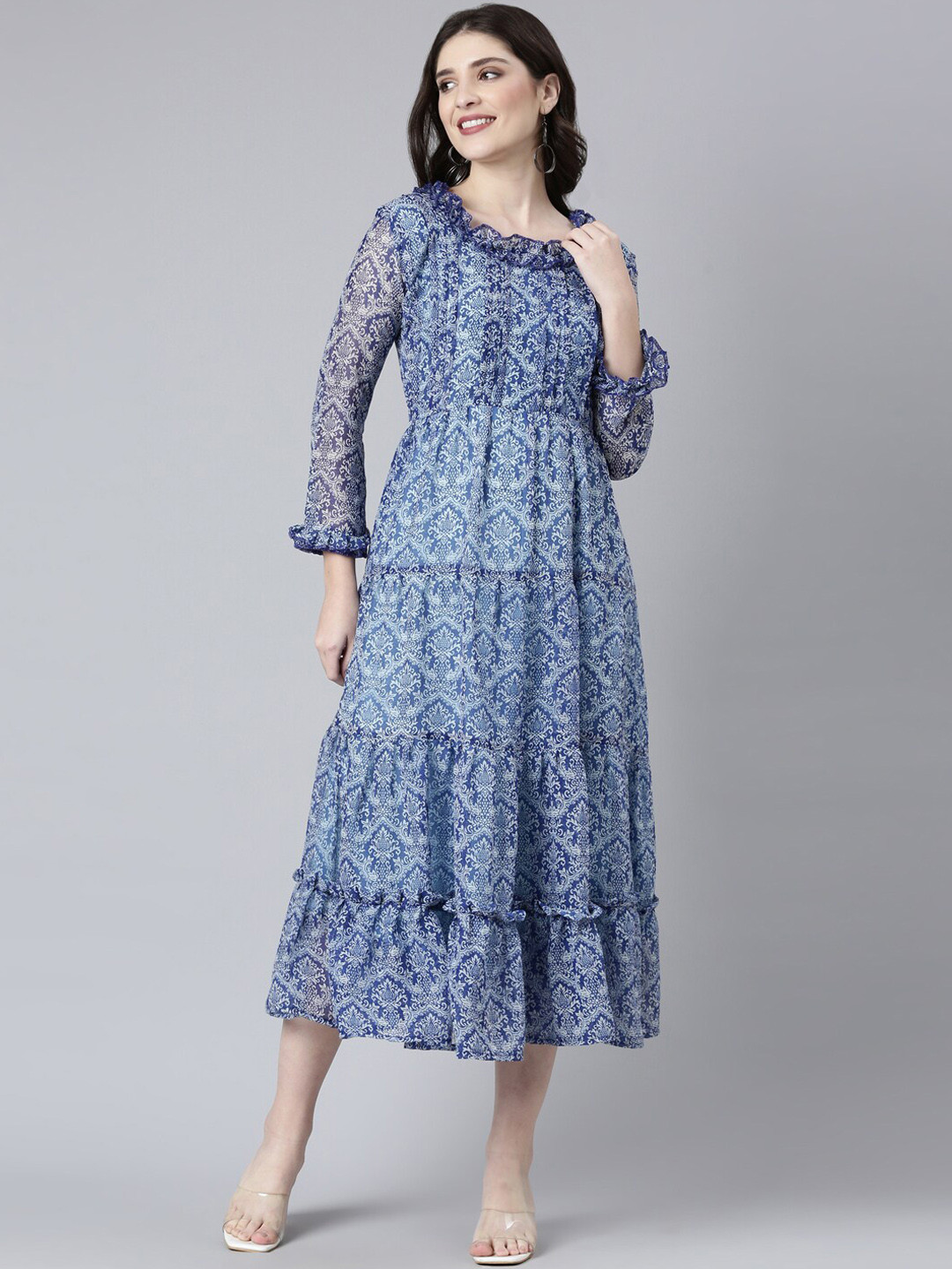 Souchii Ethnic Motifs Printed Ruffles Tiered Chiffon Fit & Flare Midi Dress