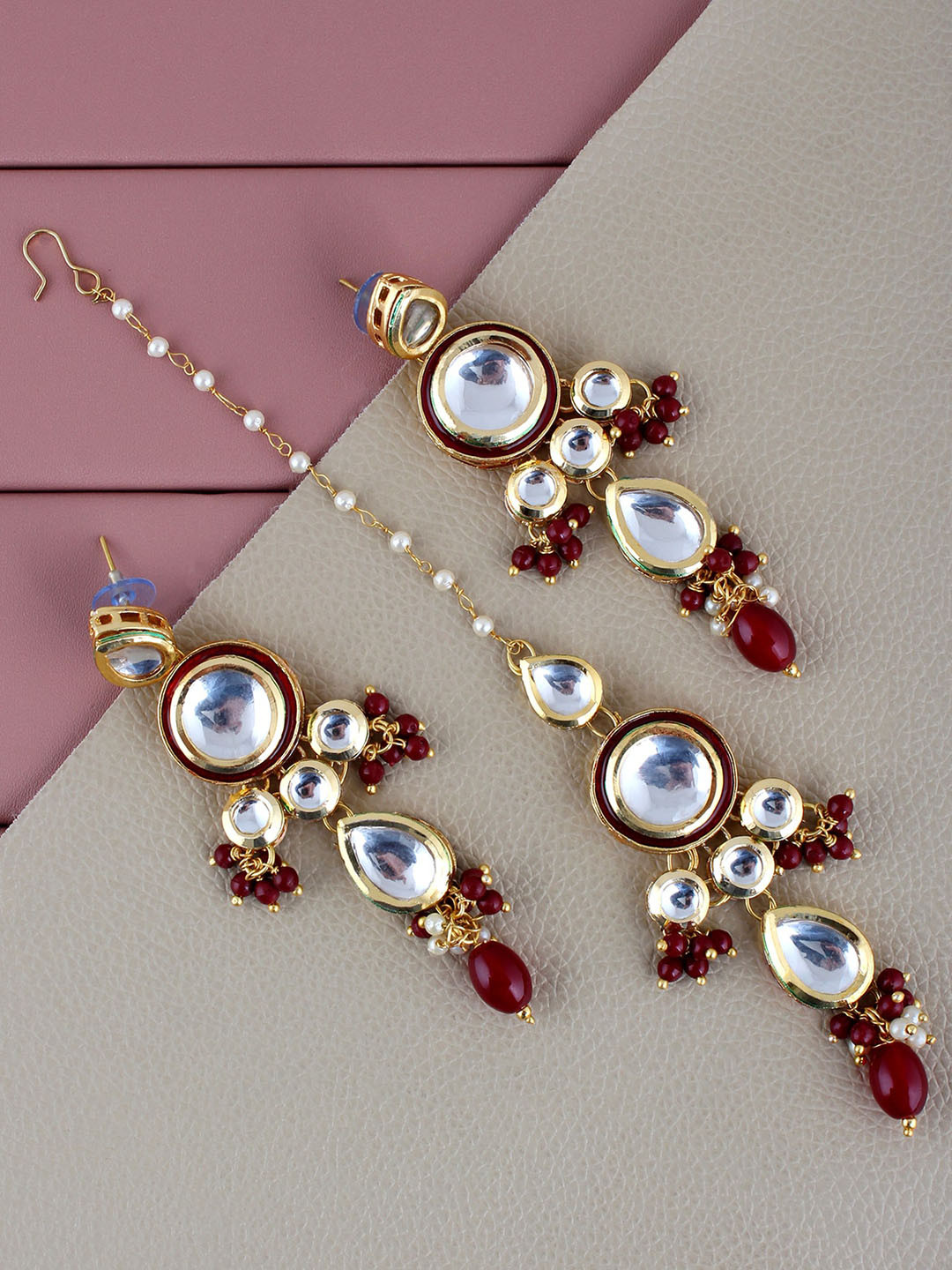 LUCKY JEWELLERY Gold-Plated Kundan Studded Maang Tika And Earrings Jewellery Set