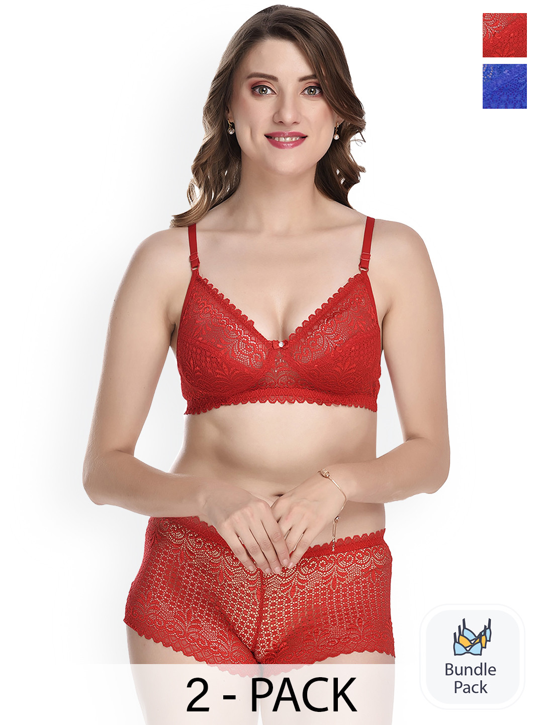 PIBU Pack Of 2 Self-designed Lingerie Set PE_Net set_Red,Blue_30