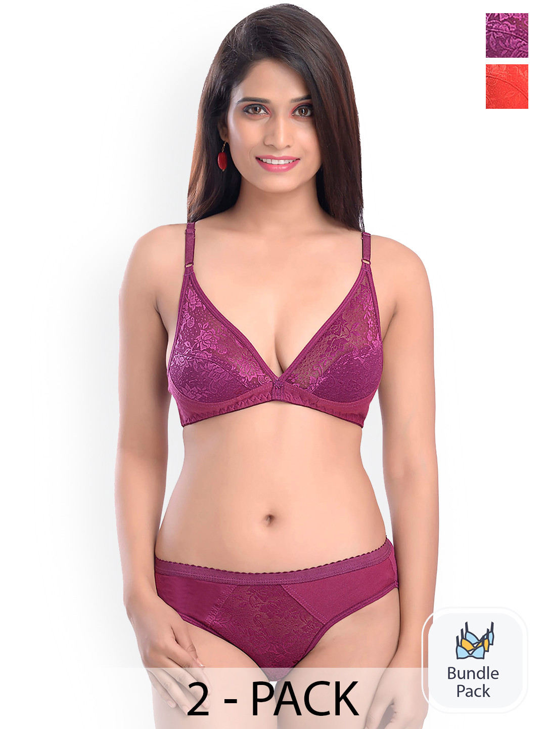 Aamarsh Pack of 2 Self Design Lace Detail Cotton Lingerie Set  AE_Safal set_Red,Maroon_30