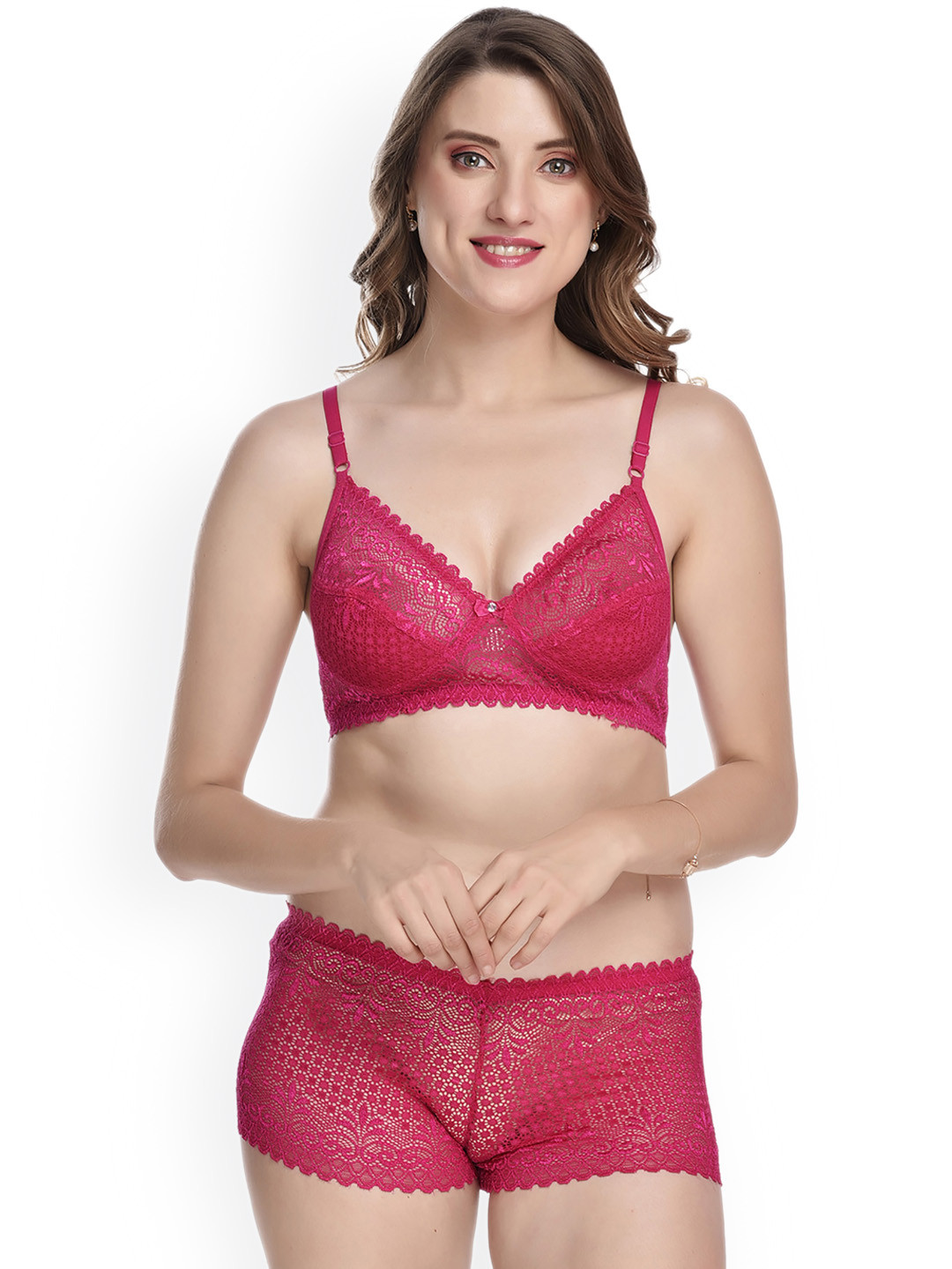 Aamarsh Self Design Lace Detail Cotton Lingerie Set AE_Net set_Pink_30