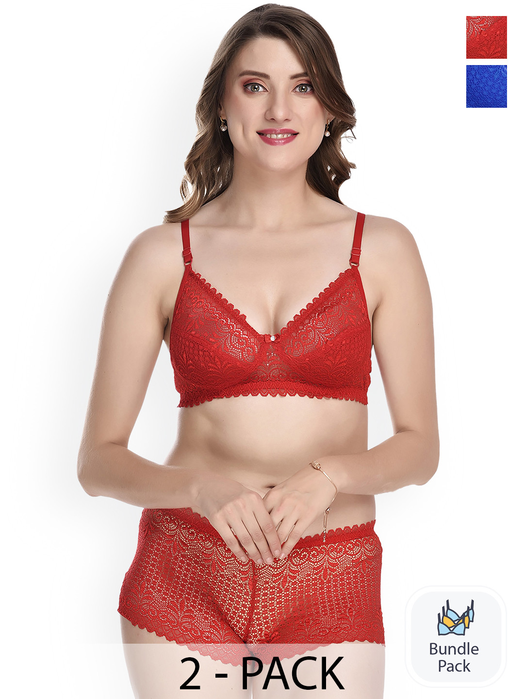 Aamarsh Pack of 2 Self-designed Cotton Lingerie Set AE_Net set_Red,Blue_30