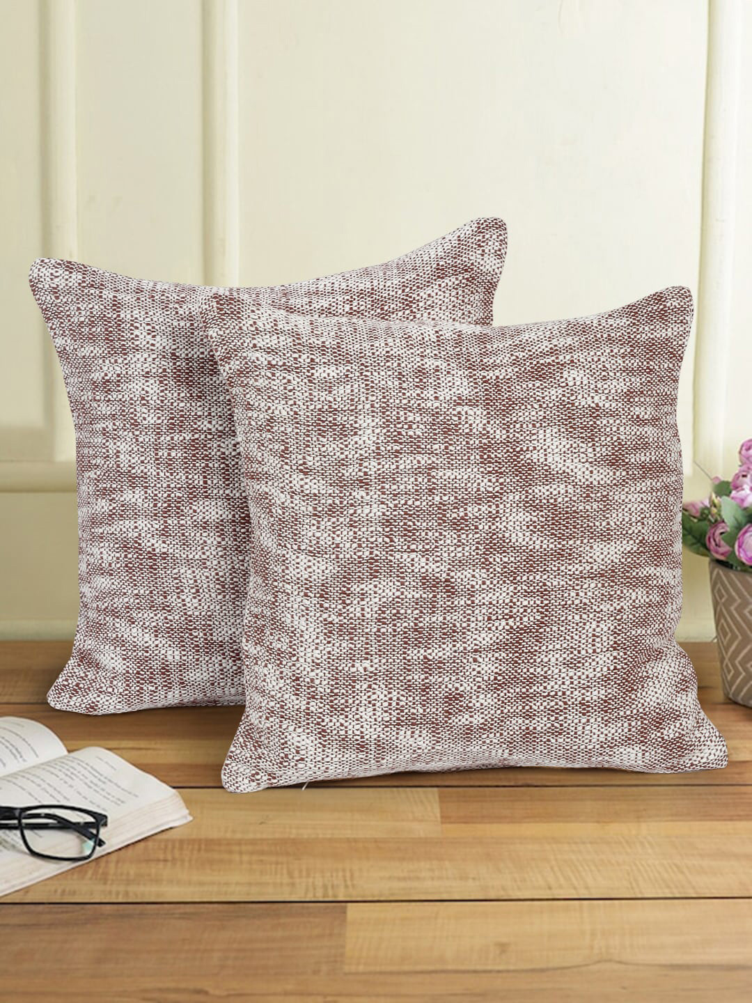 eyda Pink & White 2 Pieces Cotton Square Cushion Covers