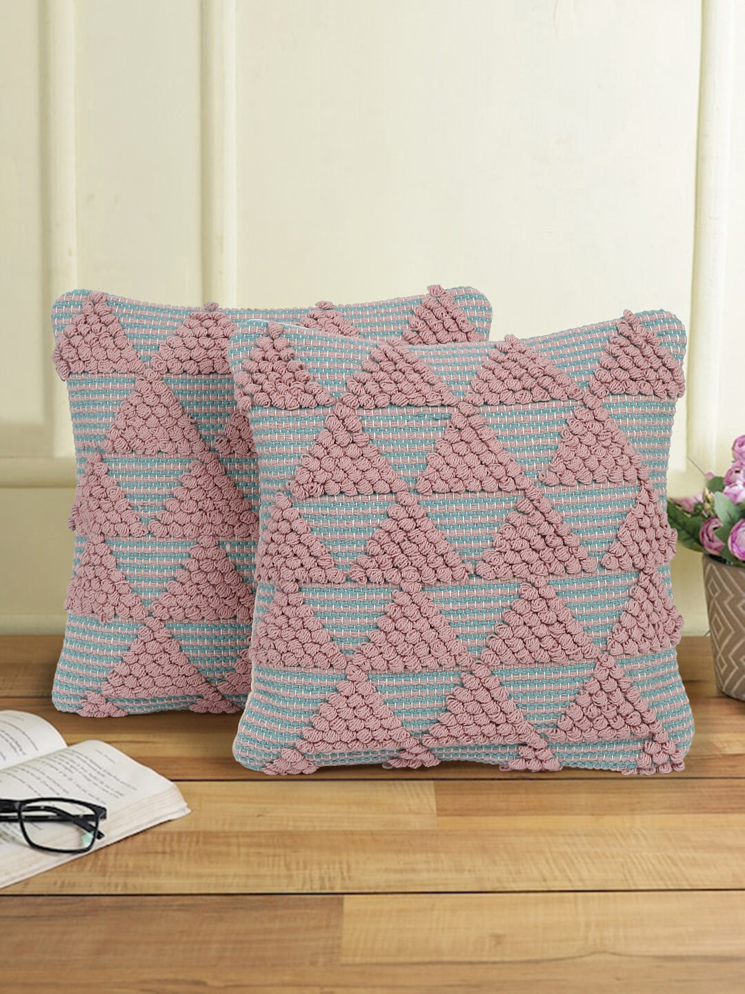 eyda 2 Pcs Turquoise Blue & Pink Self Design Cotton Square Cushion Covers