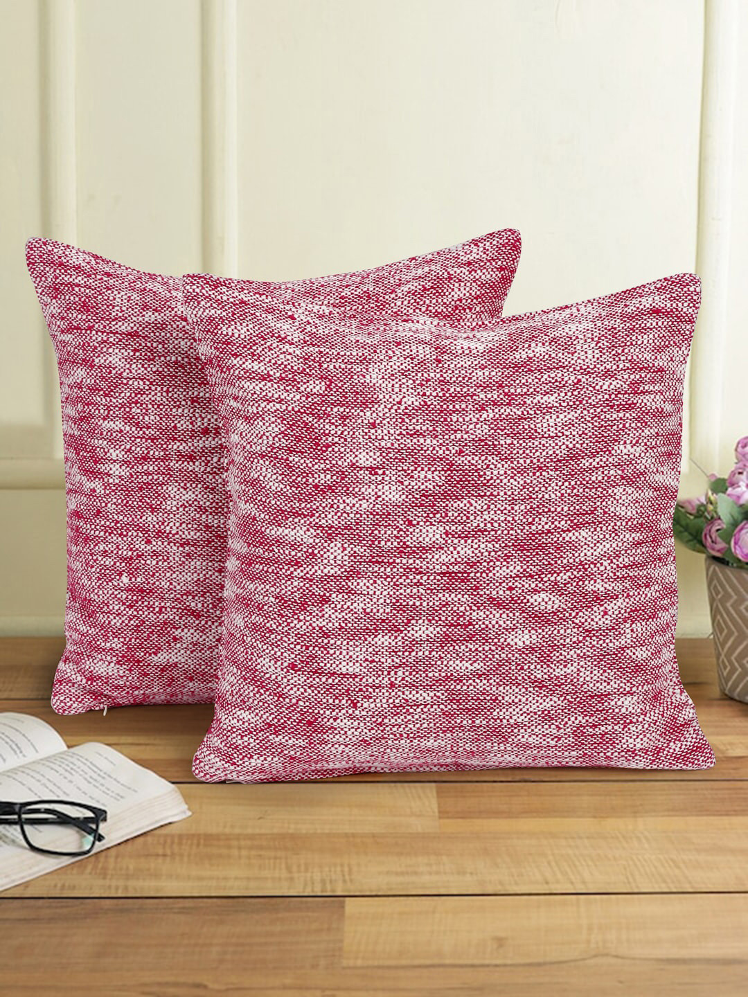 eyda Fuchsia & White 2-Pieces Abstract Cotton Square Cushion Covers