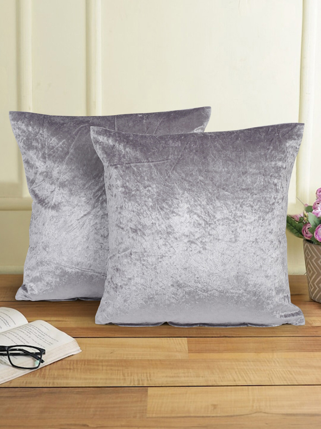 eyda Mauve Velvet Durable 2 Pcs Textured Square Cushion Covers - 16 x 16 In