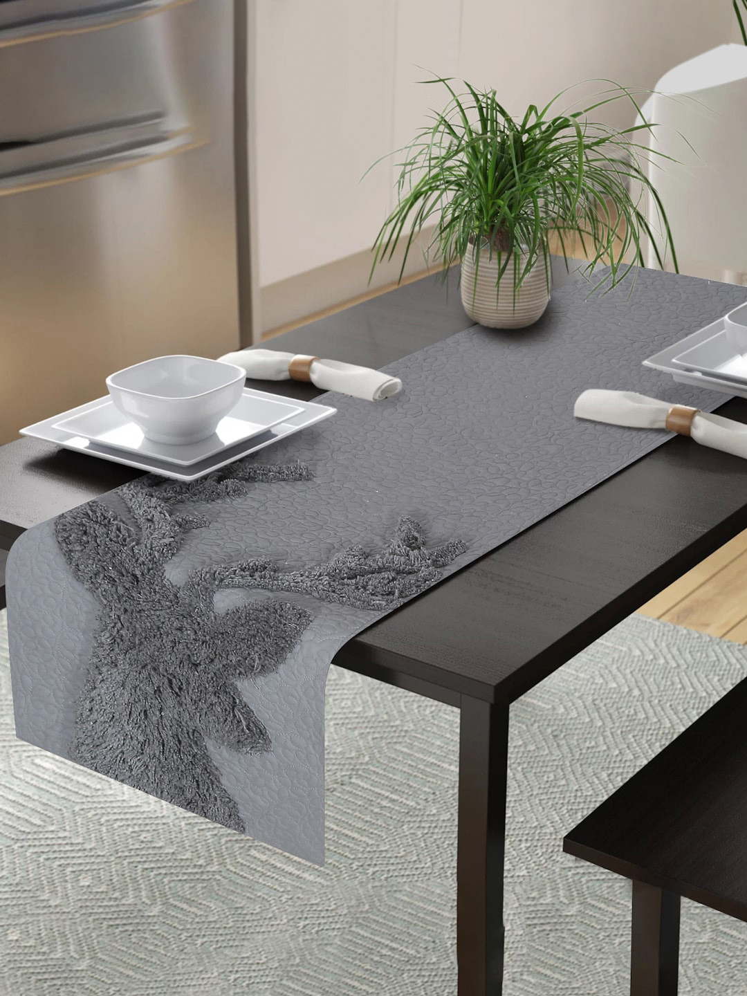 eyda Grey Tufted Pure Cotton Rectangular Table Runner