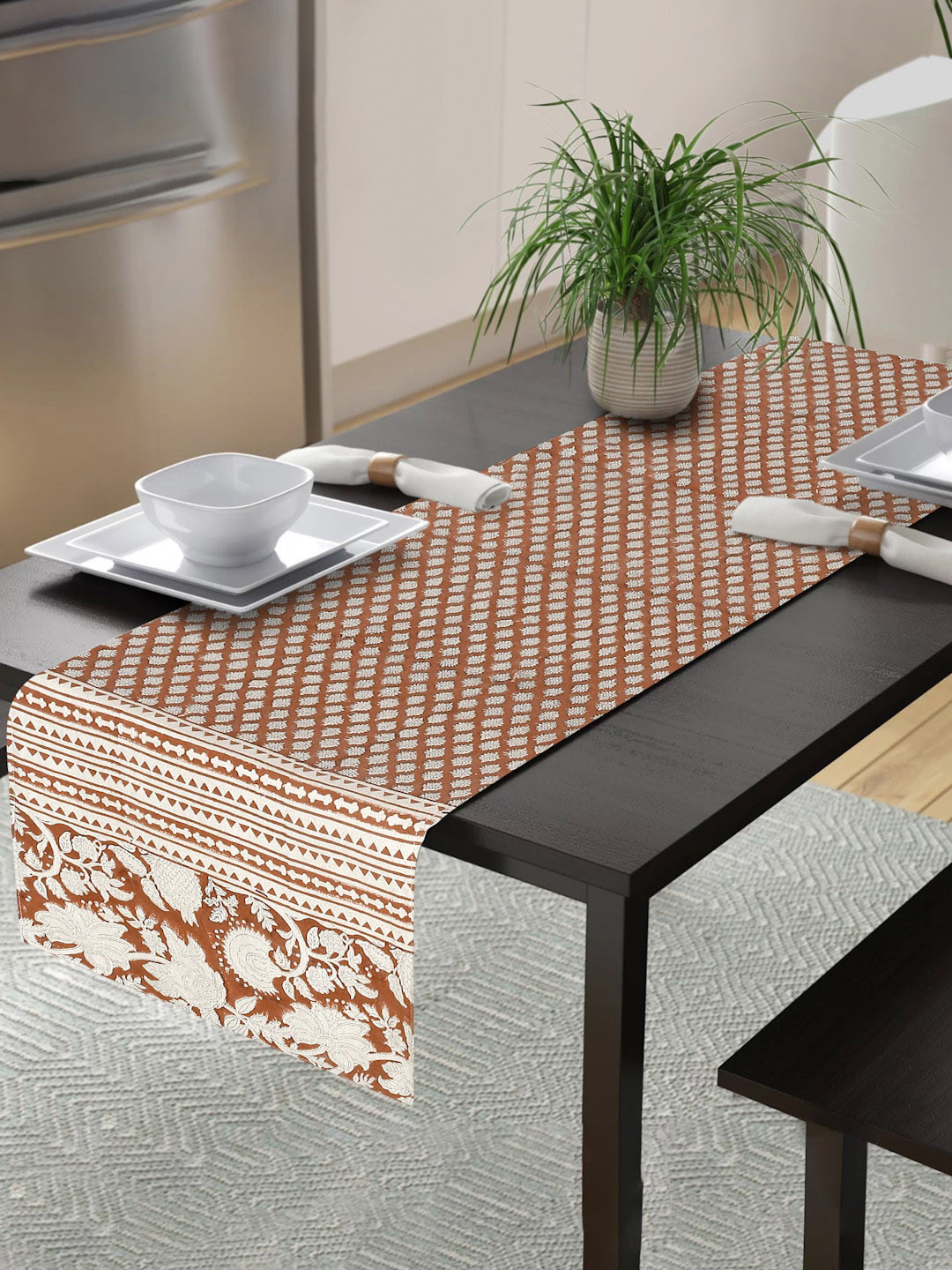 eyda Rust Colored & White Block Floral Print Cotton Linen Table Runner