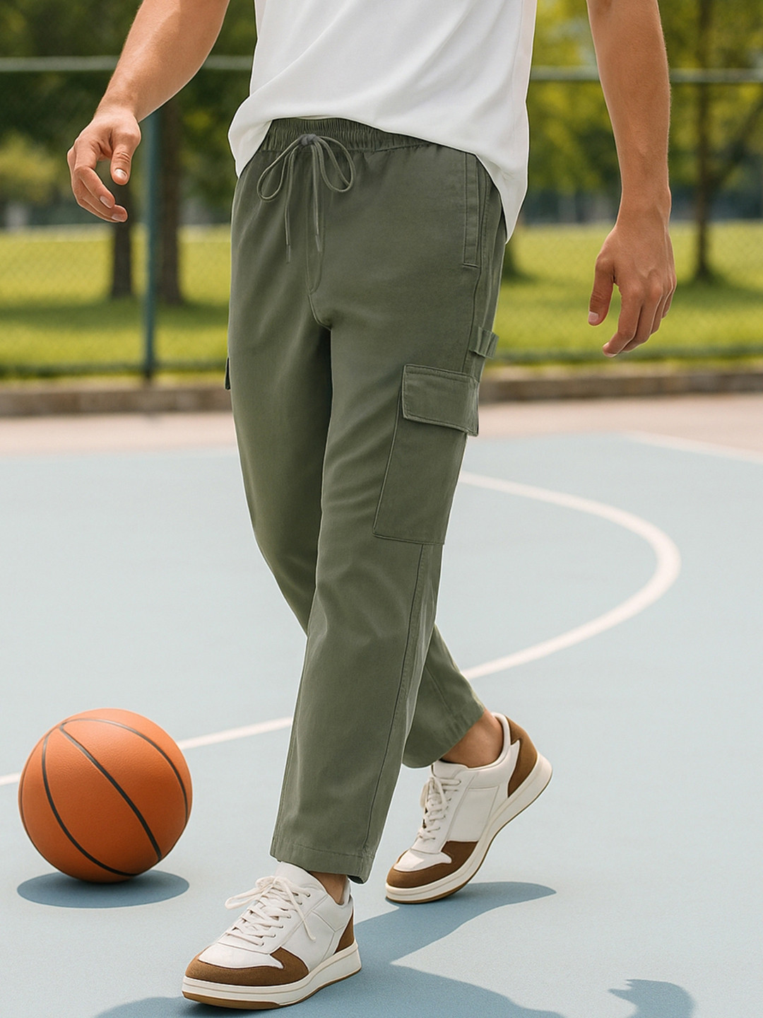 Bewakoof Men Dusty Olive Green Oversized Cargo Carpenter Pants