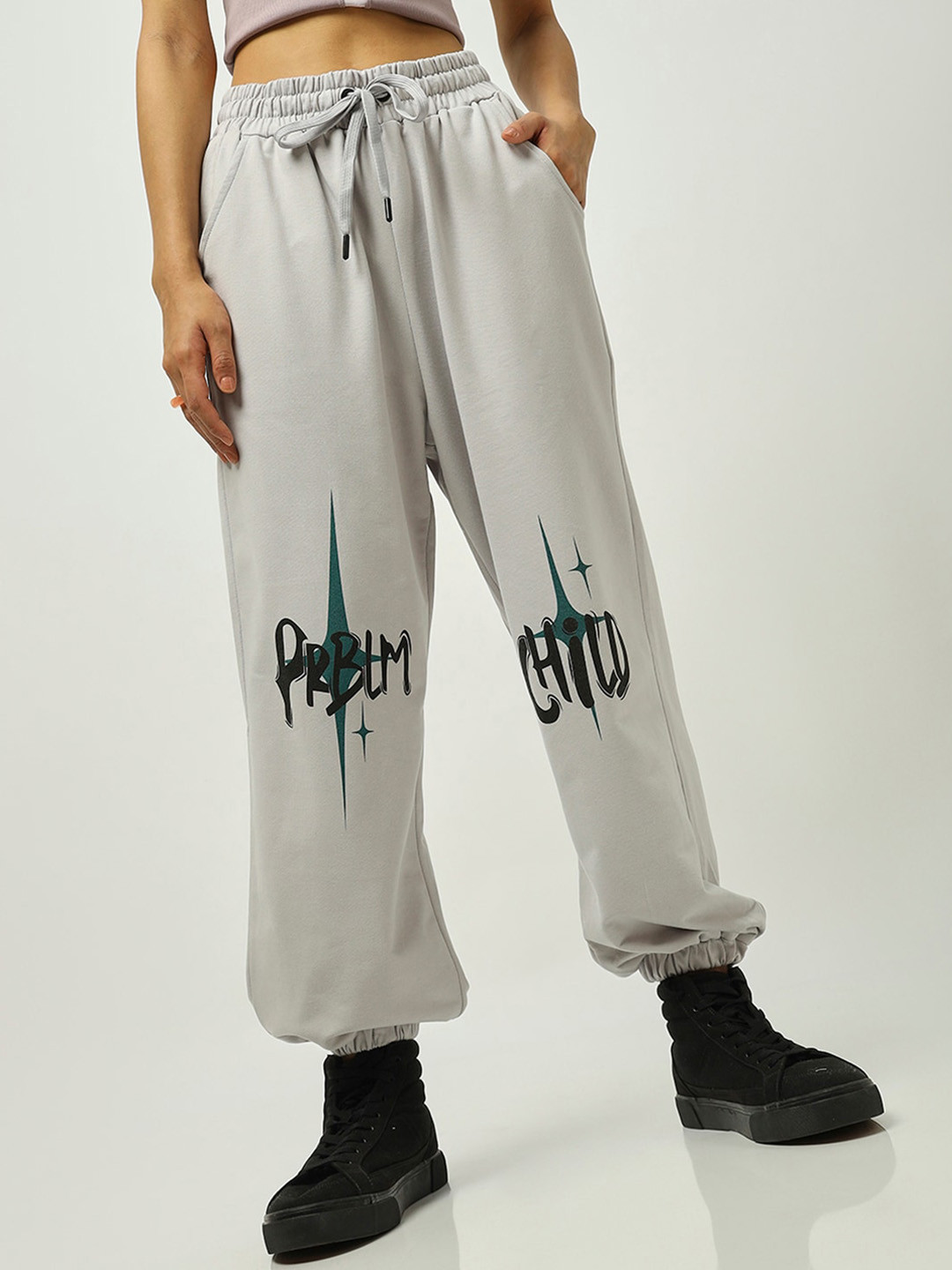 Bewakoof Women Blue Printed Relaxed-Fit Mid-Rise Track Pants