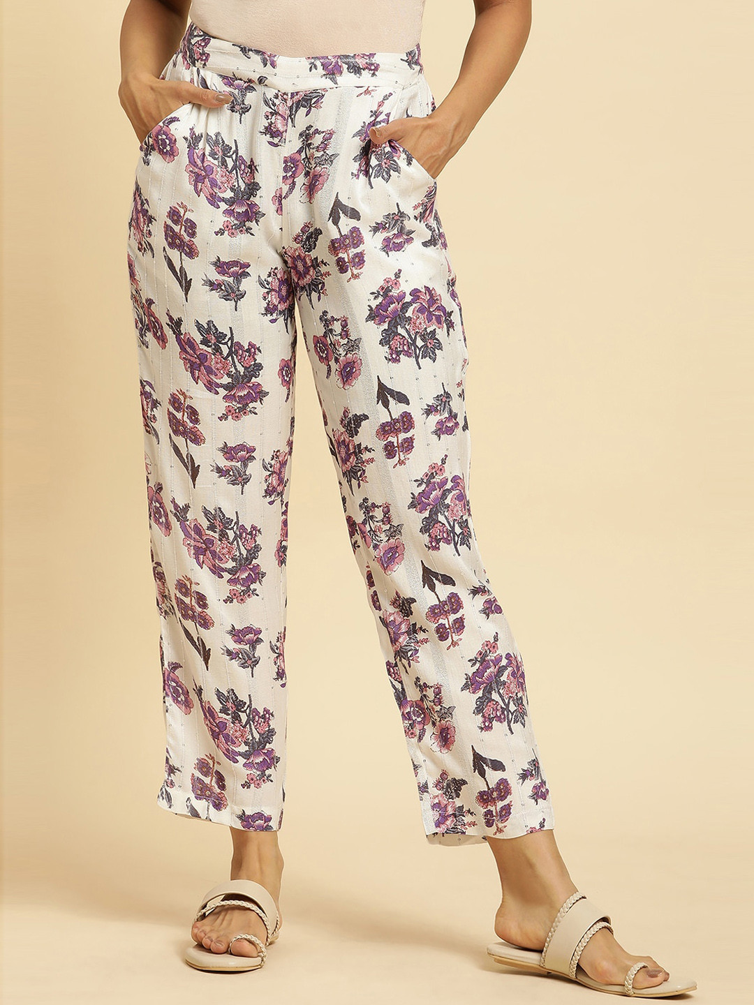 W Women Off White Floral Printed Straight Fit Cropped Trousers