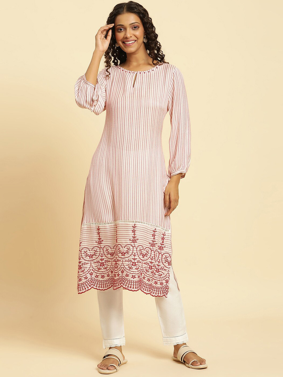 W White Striped Keyhole Neck Puffed Sleeves Thread Work Straight Kurta