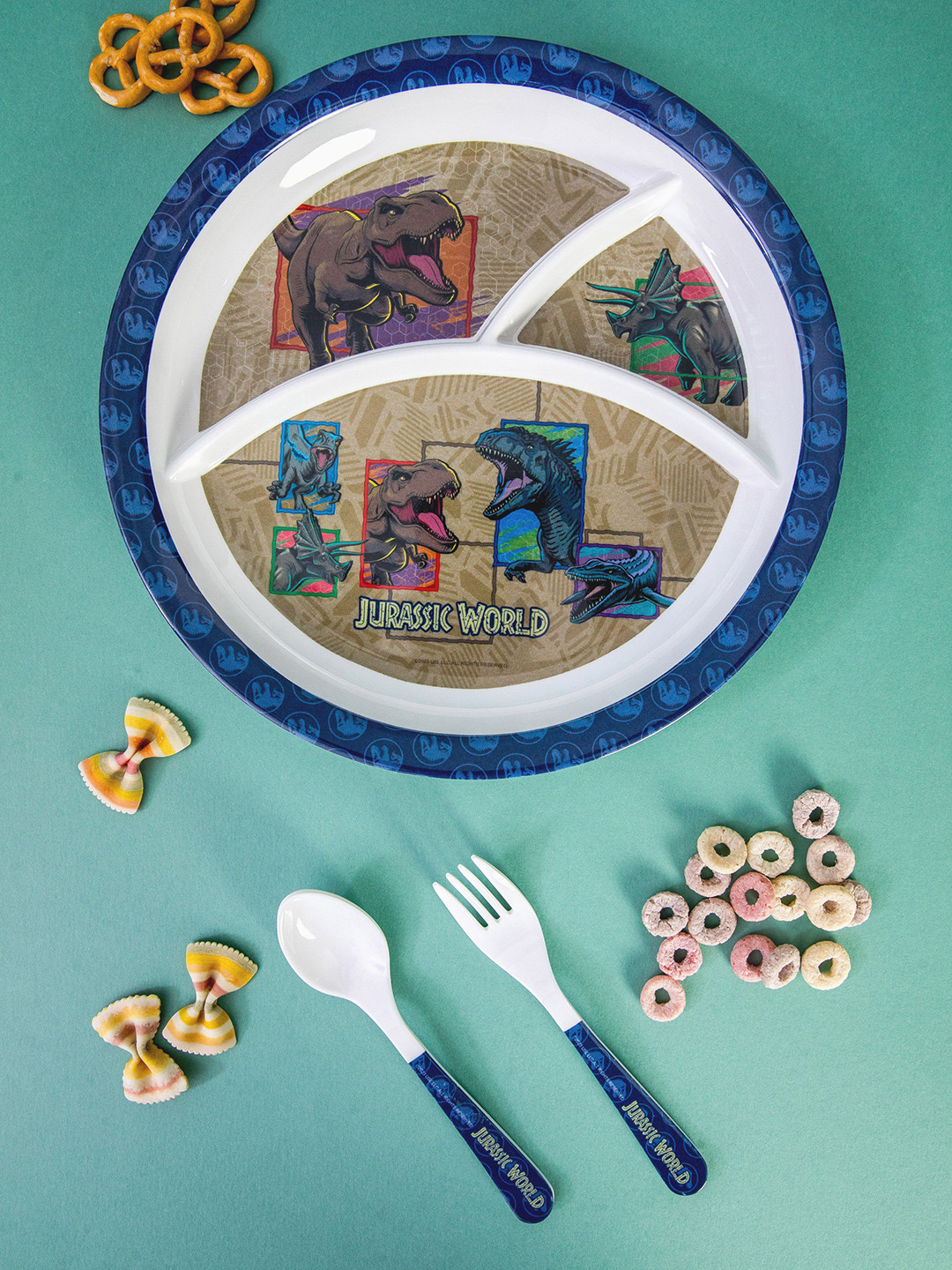 Servewell Jurassic World White Cartoon Characters Melamine Dishwasher Safe 3 Piece Dinner Set