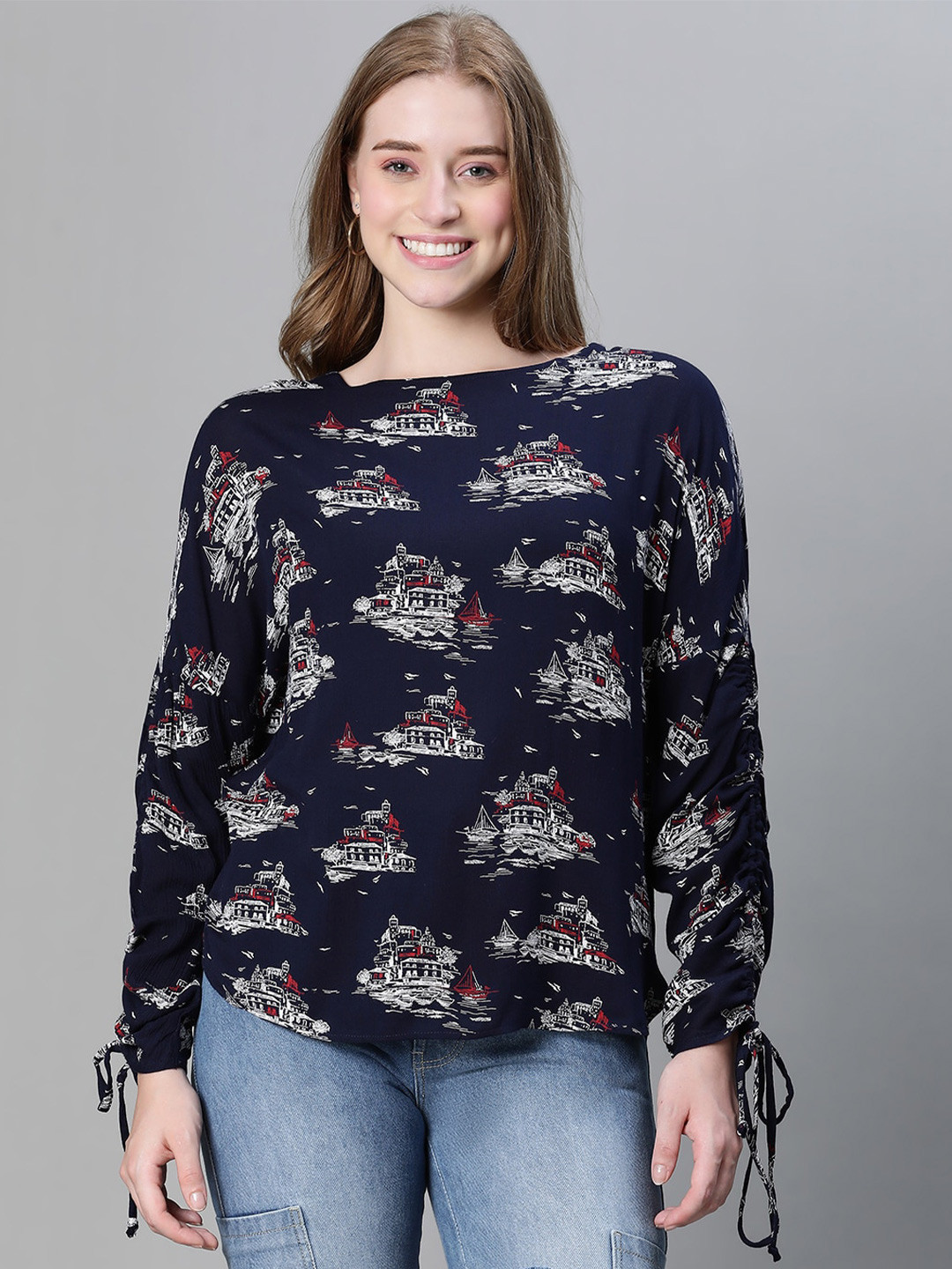 Oxolloxo Navy Blue Abstract Printed Tie-Ups Round Neck Long Sleeves Top