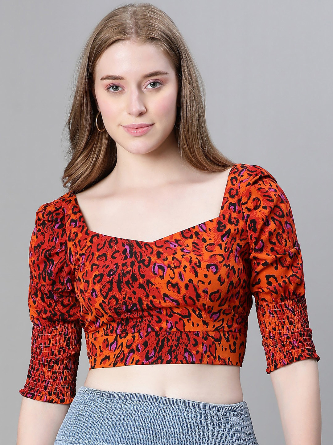 Oxolloxo Animal Printed Sweetheart Neck Fitted Crop Top