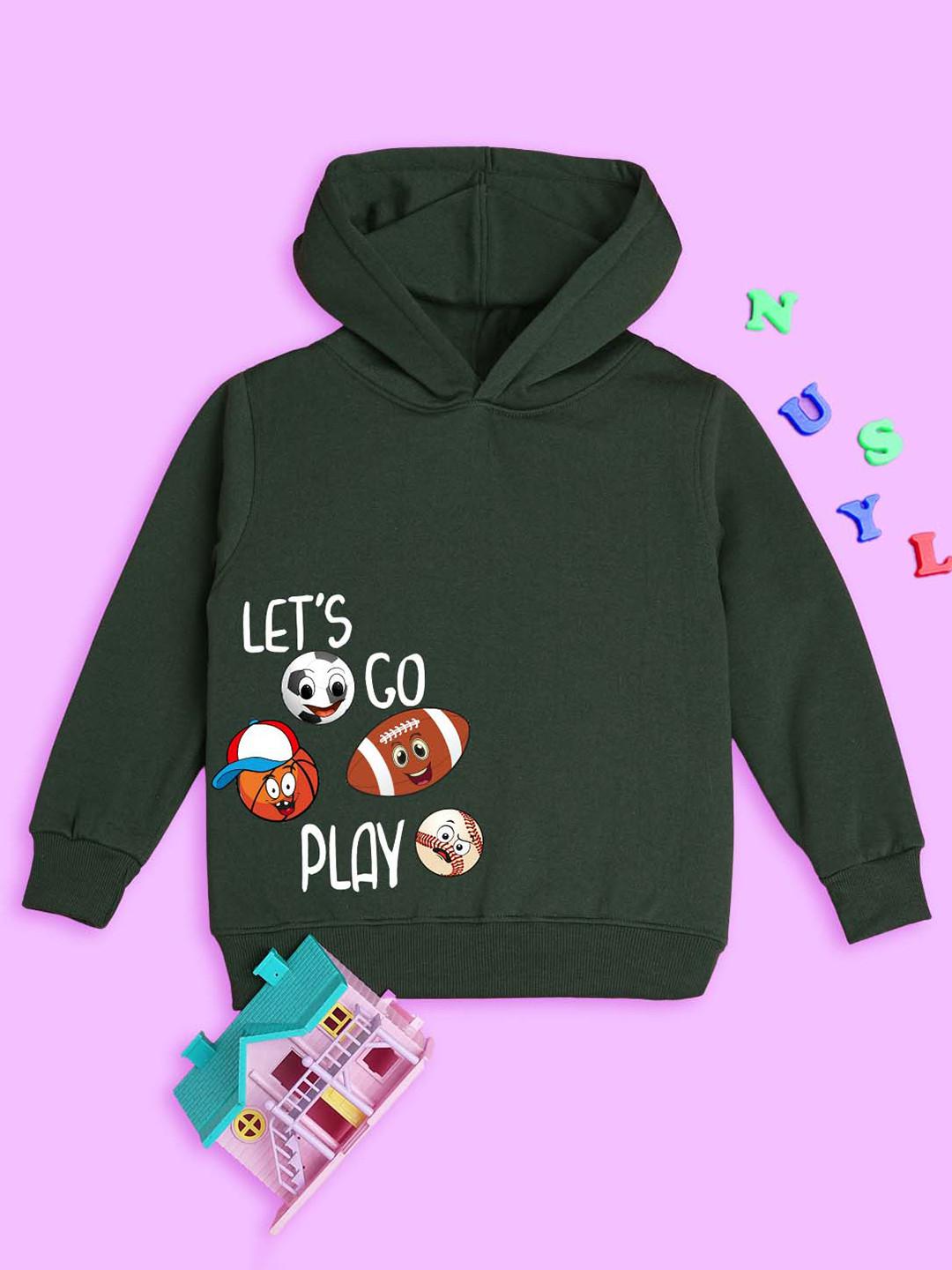 NUSYL Kids Lets Go Play Graphic Printed Fleece Hooded Pullover
