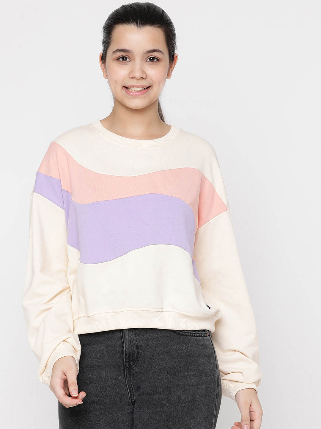 Lil Tomatoes Girls Colourblocked Round Neck Long Sleeve Pullover Sweatshirt