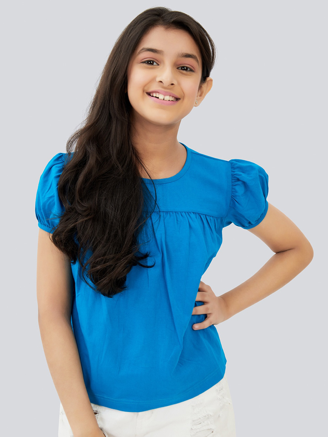 Olele Girls Regina Ruffle Puff Sleeves Cotton Top