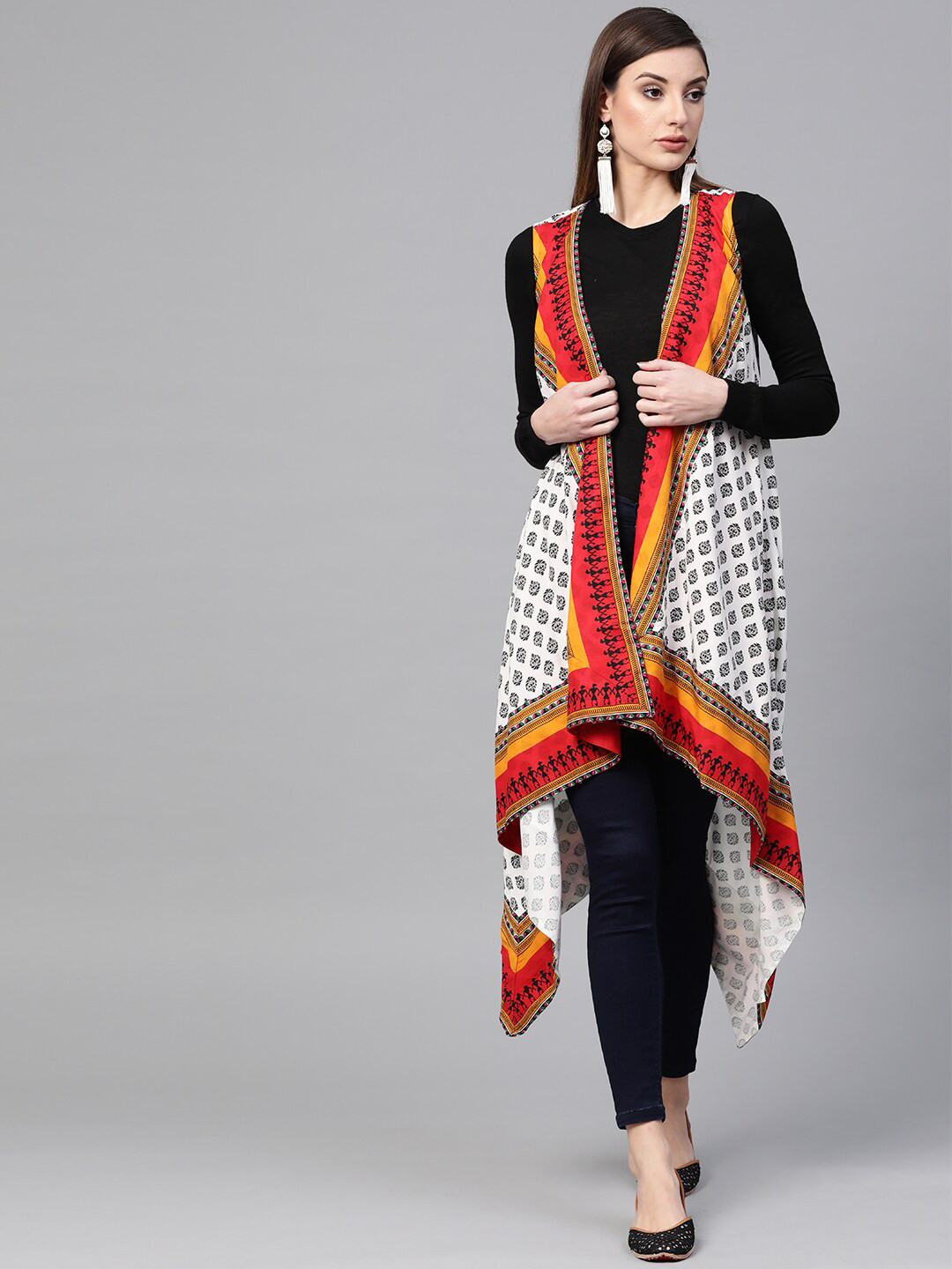 Geroo Jaipur Ethnic Printed Longline Waterfall Shrug