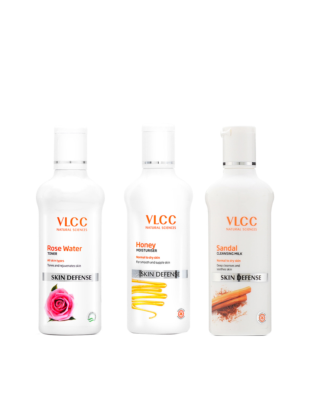 VLCC CTM Combo - Sandal Cleansing Milk+ Rose Water Toner + Honey Moisturizer - 100ml Each