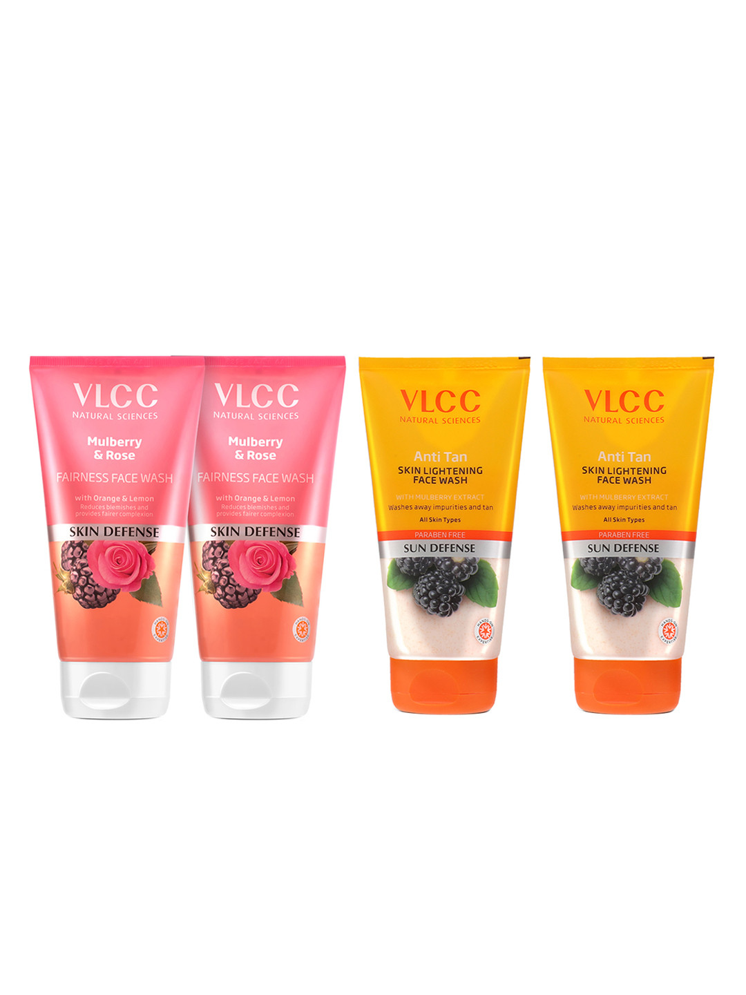 VLCC Set Of 4 Skin Defense Face Washes 150ml Each - Anti-Tan + Mulberry & Rose