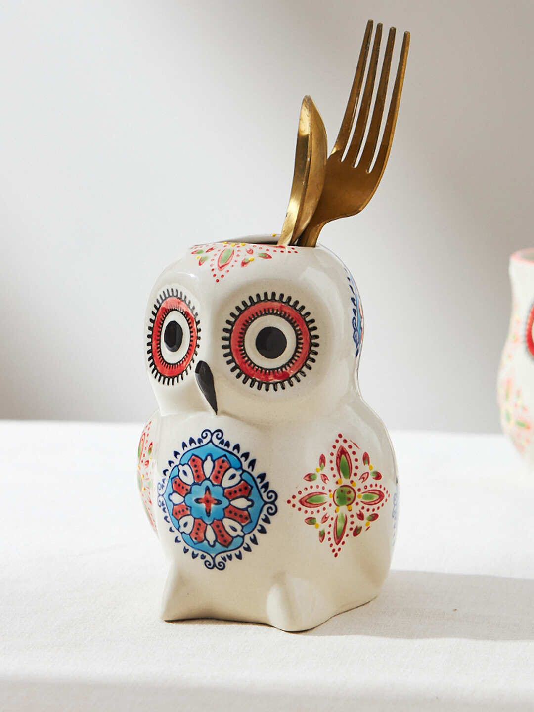 Chumbak Off-White Boho Chakras Owl Vase