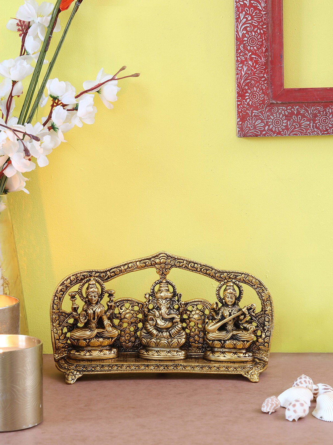 Two Moustaches Laxmi Ganesha Saraswati Gold Aluminium Metallic Prayer Room Small Showpiece - 5.4 Inches