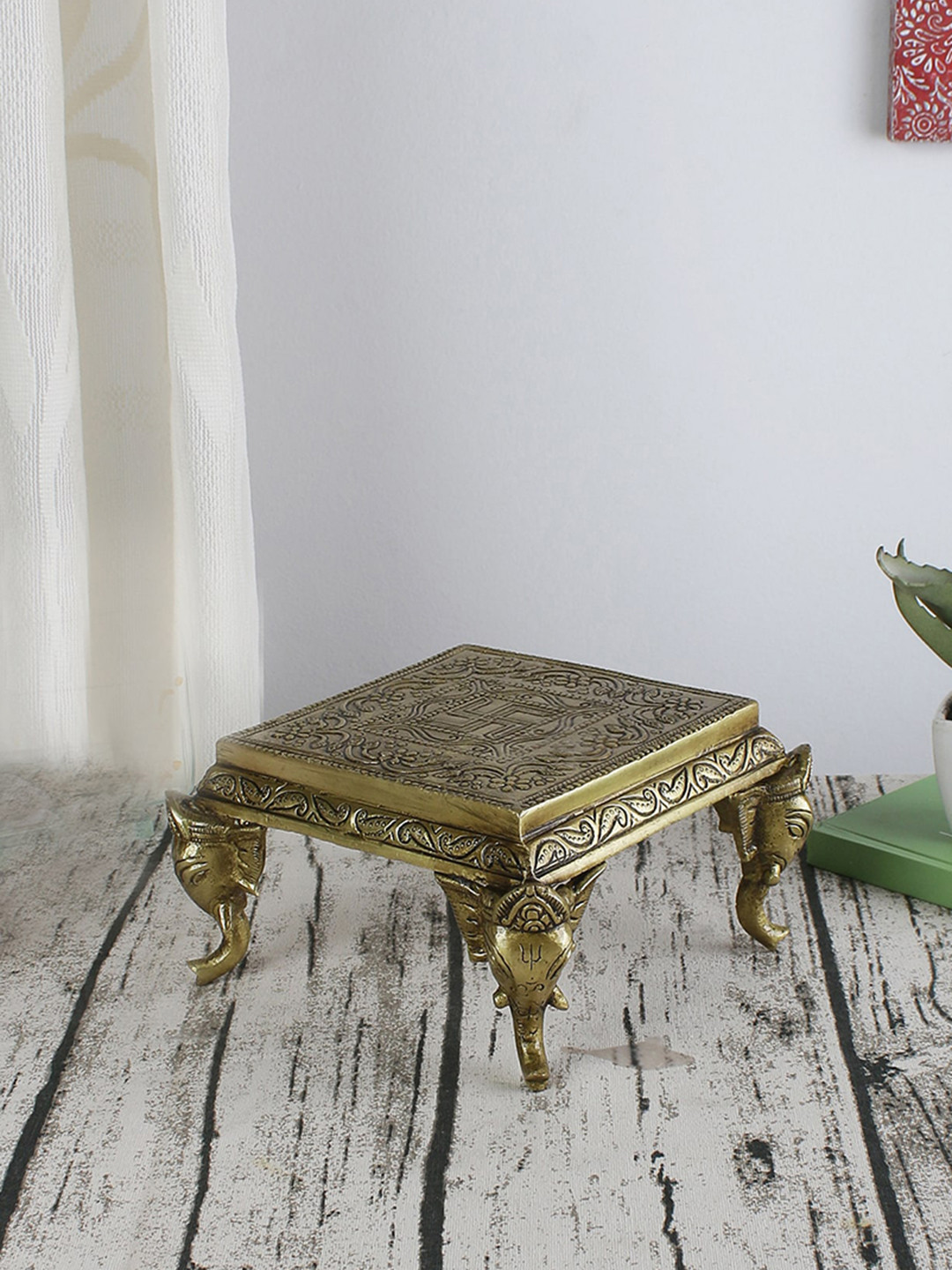 Two Moustaches Gold-Toned Brass Elephant Pillar Swastika Traditional Pooja Chowki