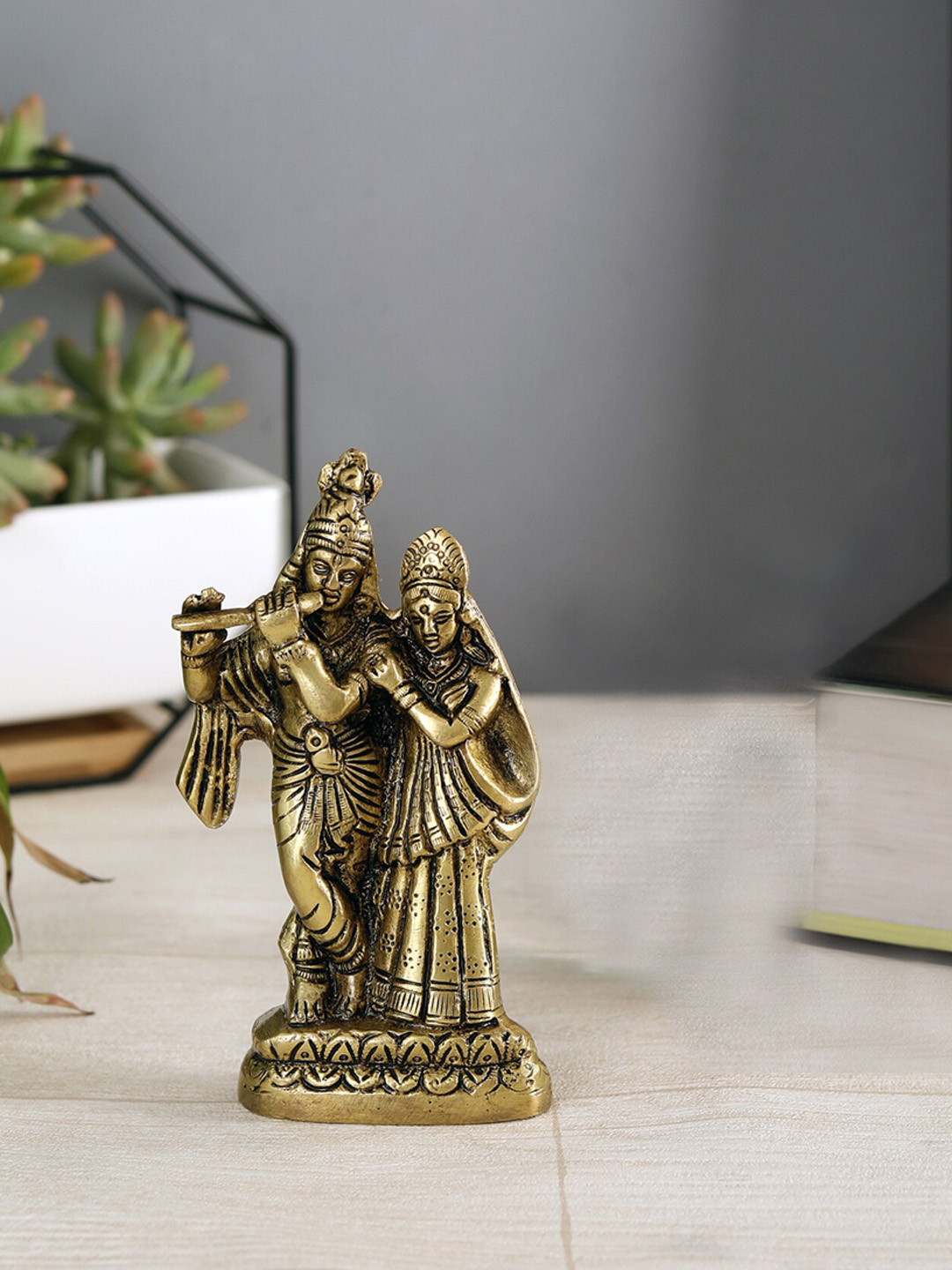 Two Moustaches Gold Toned Brass Radha Krishna Pair Idol Showpiece