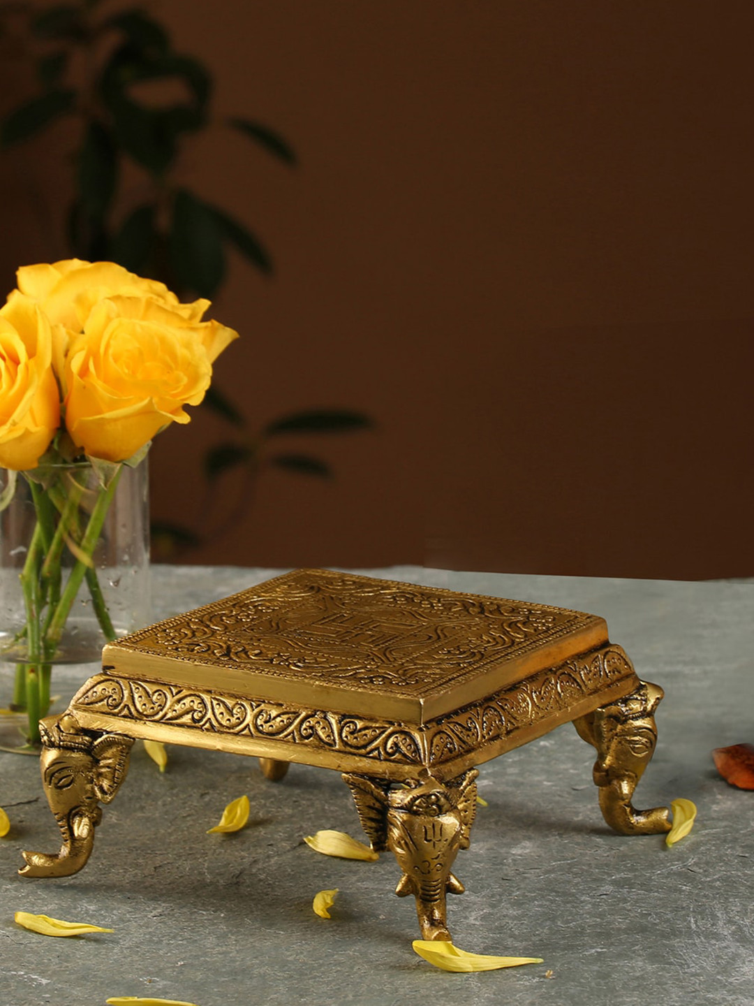 Two Moustaches Gold-Toned Brass Elephant Pillar Swastika Pooja Chowki