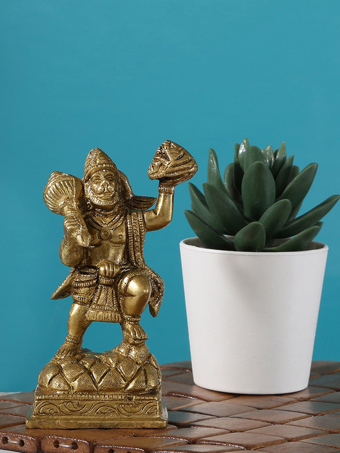 Two Moustaches Mahabali Hanuman with Sanjeevani Parvat Gold Brass Metallic Prayer Room Tiny Showpiece - 3.9 Inches