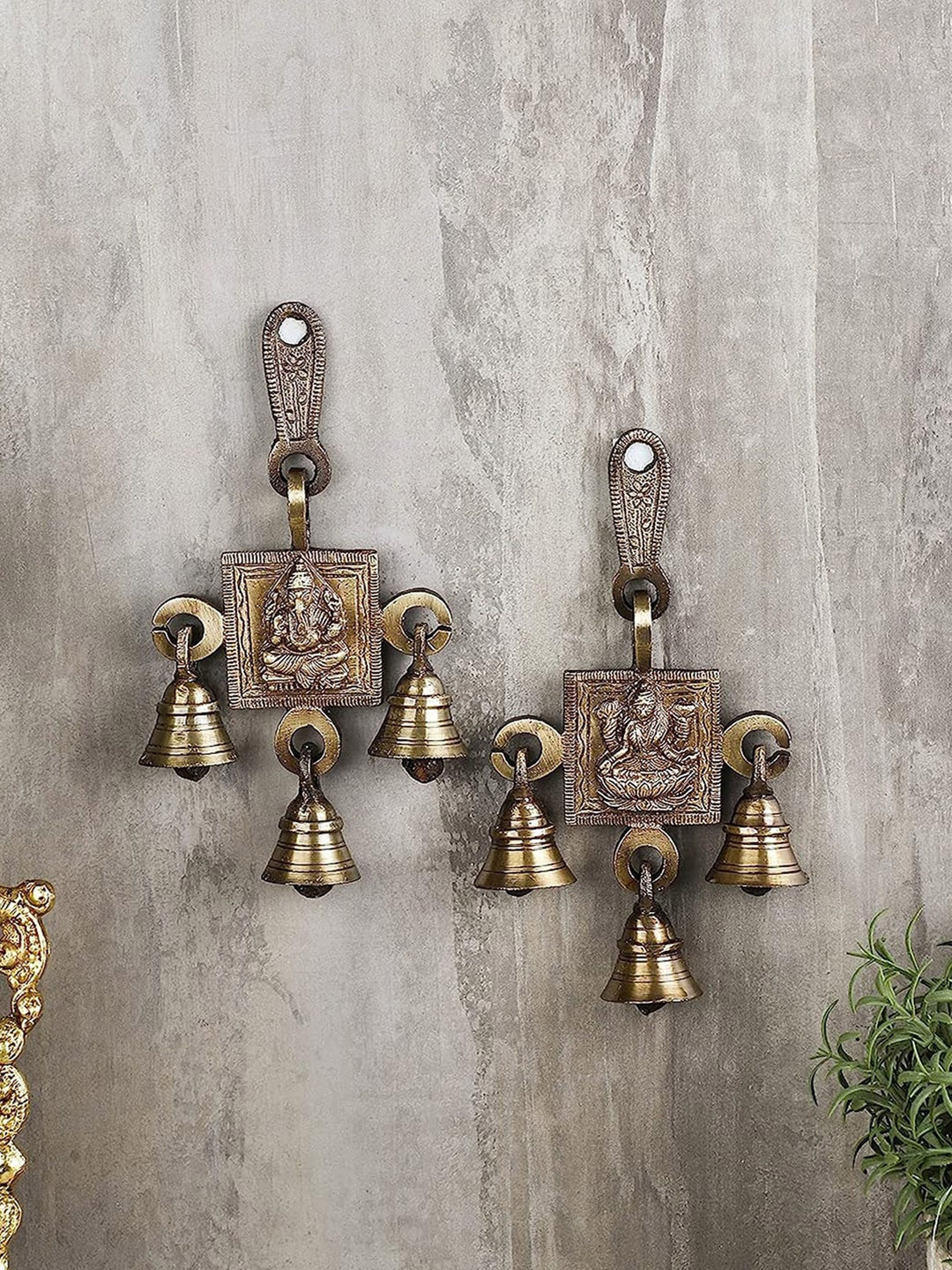 Two Moustaches Brown 2 Pieces Brass Ganesh Laxmi Bell Wall Decor