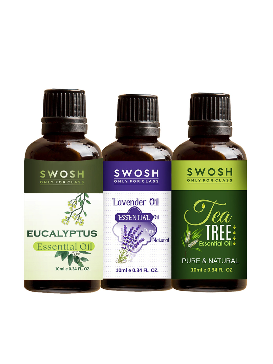 SWOSH Transparent 3-Pieces Natural Tea Tree Eucalyptus & Lavender Essential Oils 10ml Each
