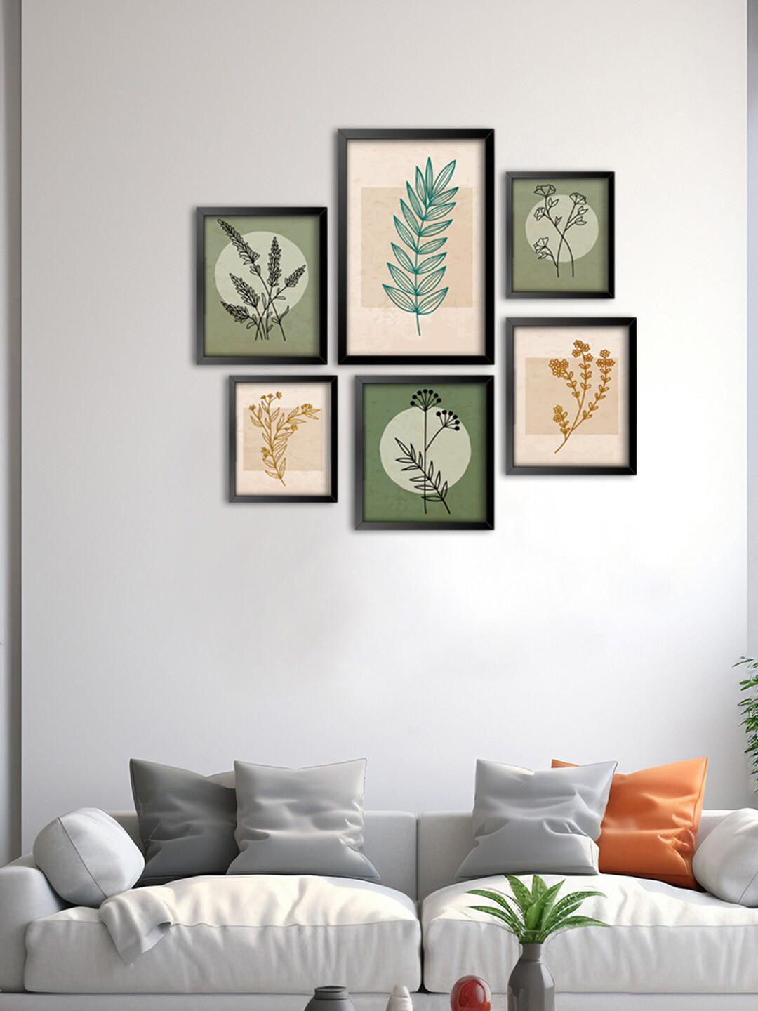 999Store  Green & Beige 6-Pieces Botanical Leaf & Flowers Canvas Wall Art