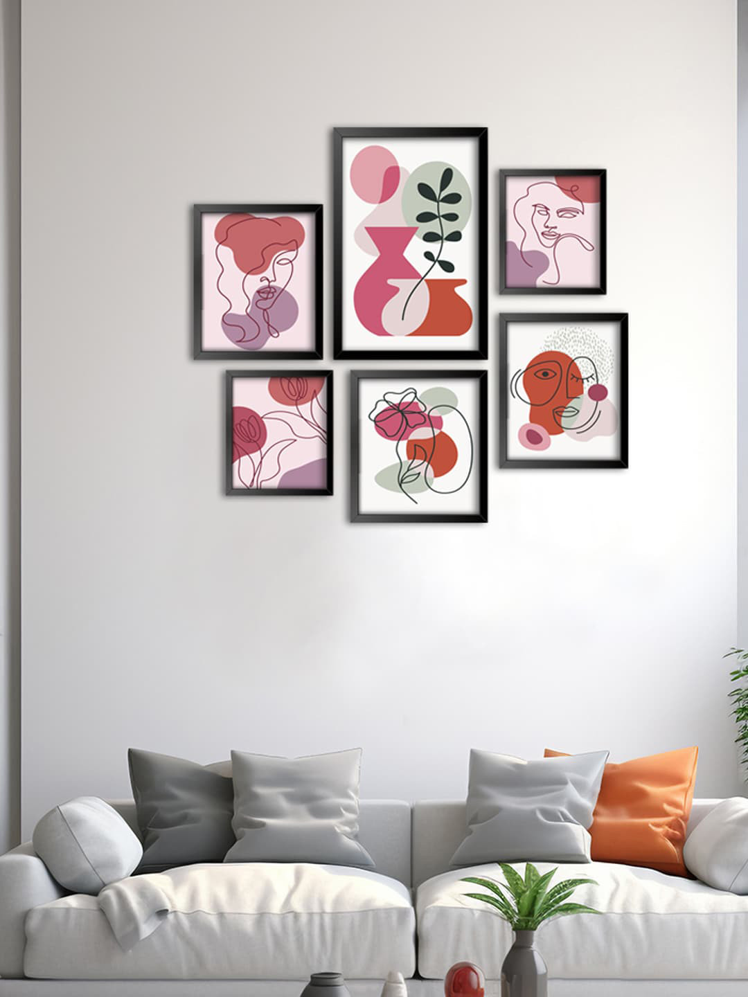 999Store Pink 6-Pieces Plant With Abstract Face Shape Wall Art
