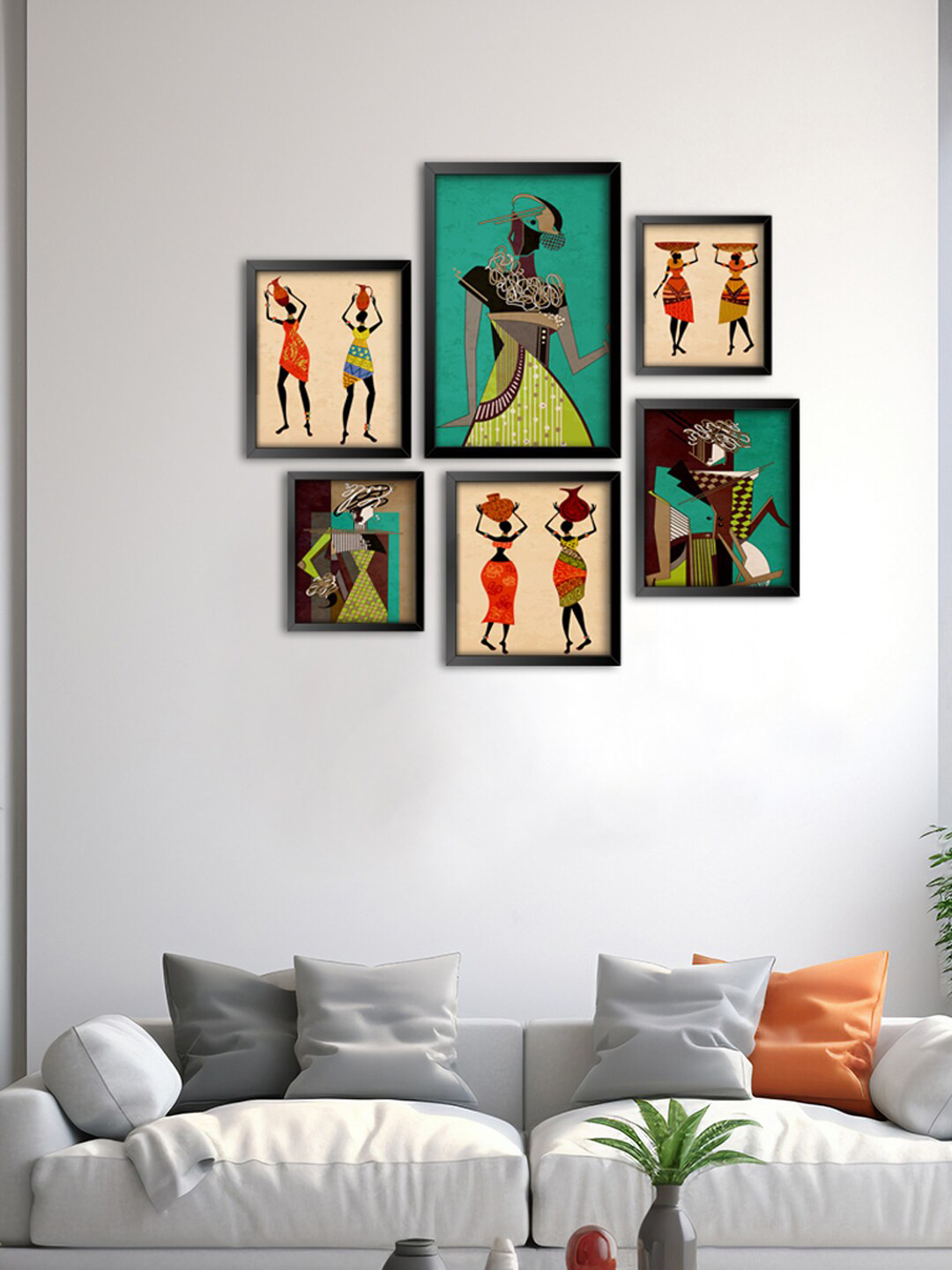 999Store 6 Pcs Green & Cream-Coloured African Women Modern Painting Wall Art