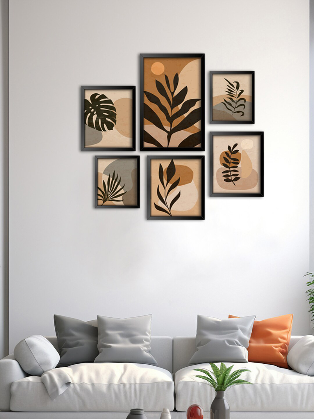 999Store Brown 6 Pieces Abstract Floral Leaf With Palm Leaf Modern Art Printed Wall Arts