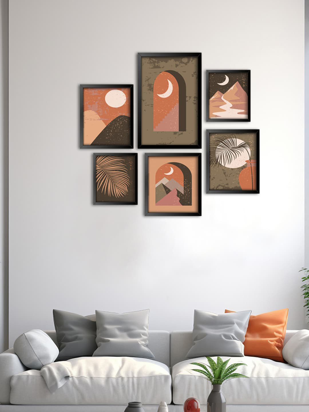 999Store Brown 6Pcs Moon Mountain With Half Moon Botanical Leaves Modern Painting Wall Art