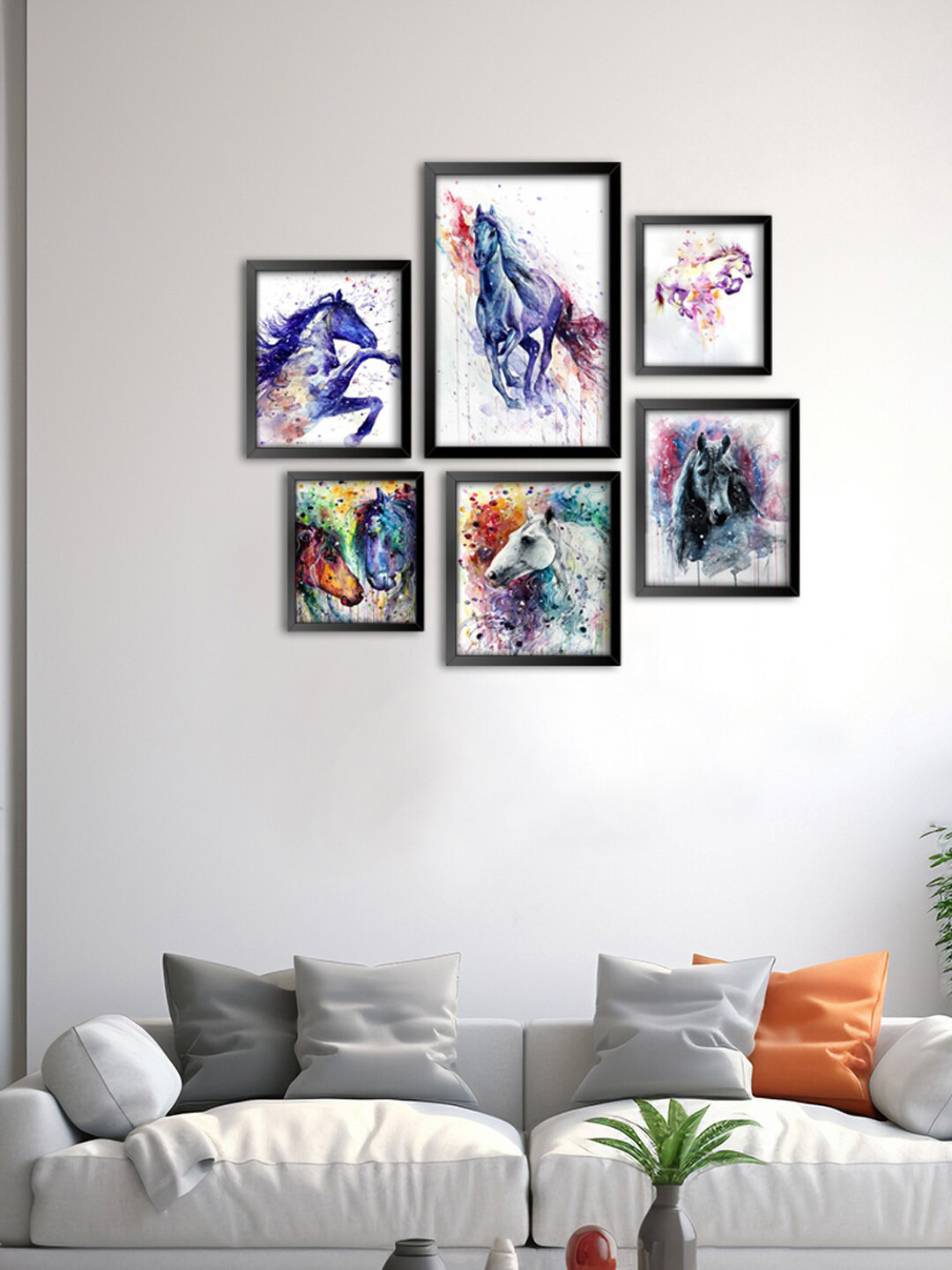 999Store White & Blue 6 Pieces Running Horse Abstract Effect Modern Painted Wall Arts