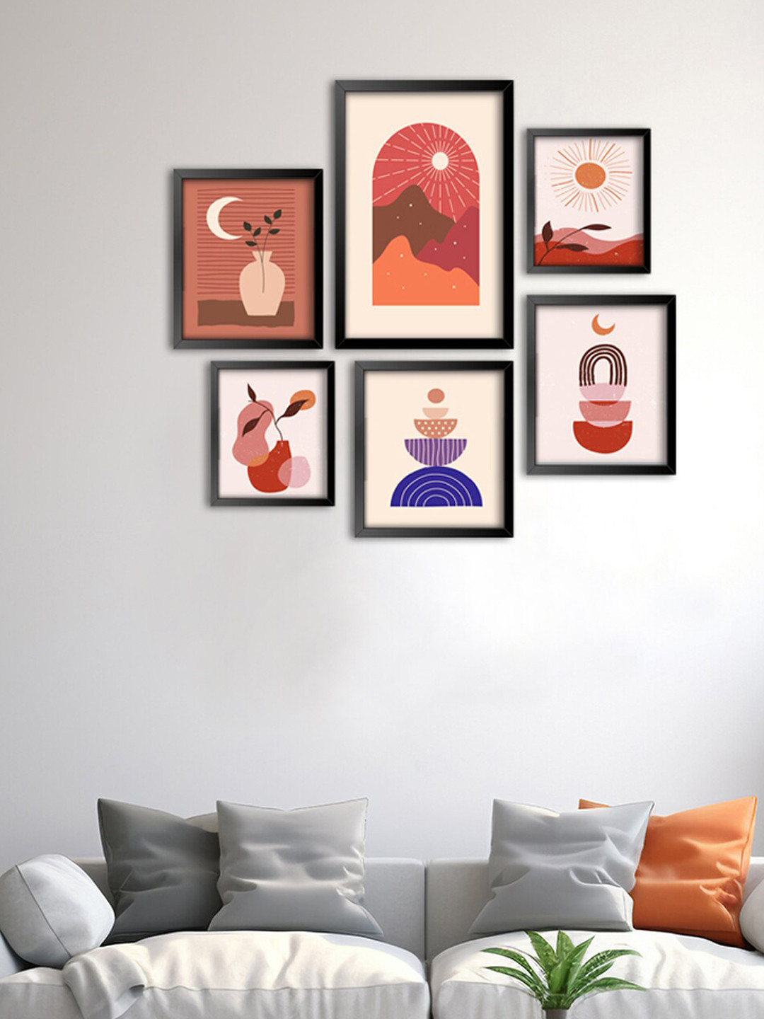 999Store 6-Pcs Cream Boho Art With Sun Moon Flower Pot With Leaf Modern Painting Wall Art