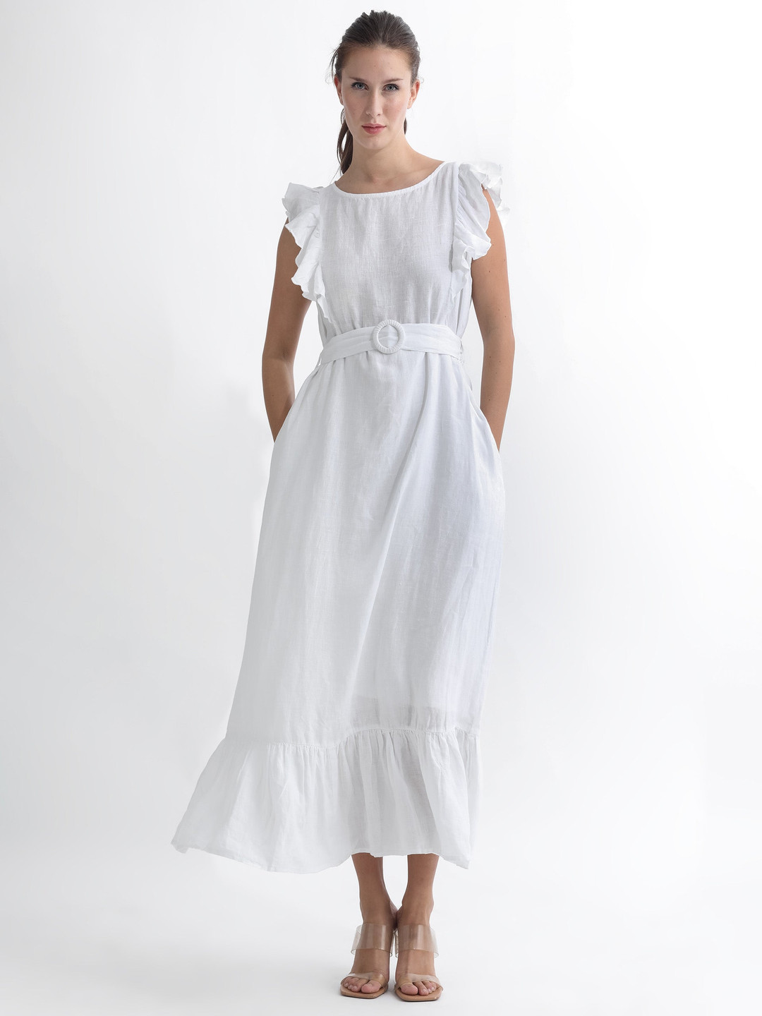 RAREISM Anne Women Primary White Flutter Sleeve Linen A-Line Midi Dress With Belt