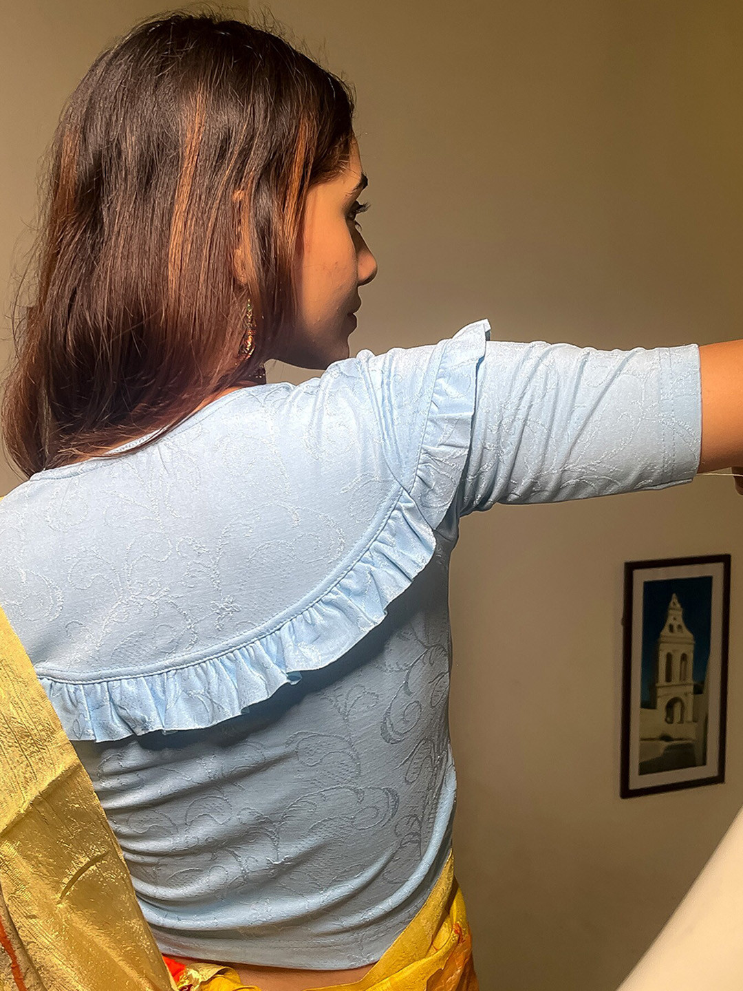 Bindigasm's Advi Ruffle Sleeves Stretchable Slip-On Saree Blouse