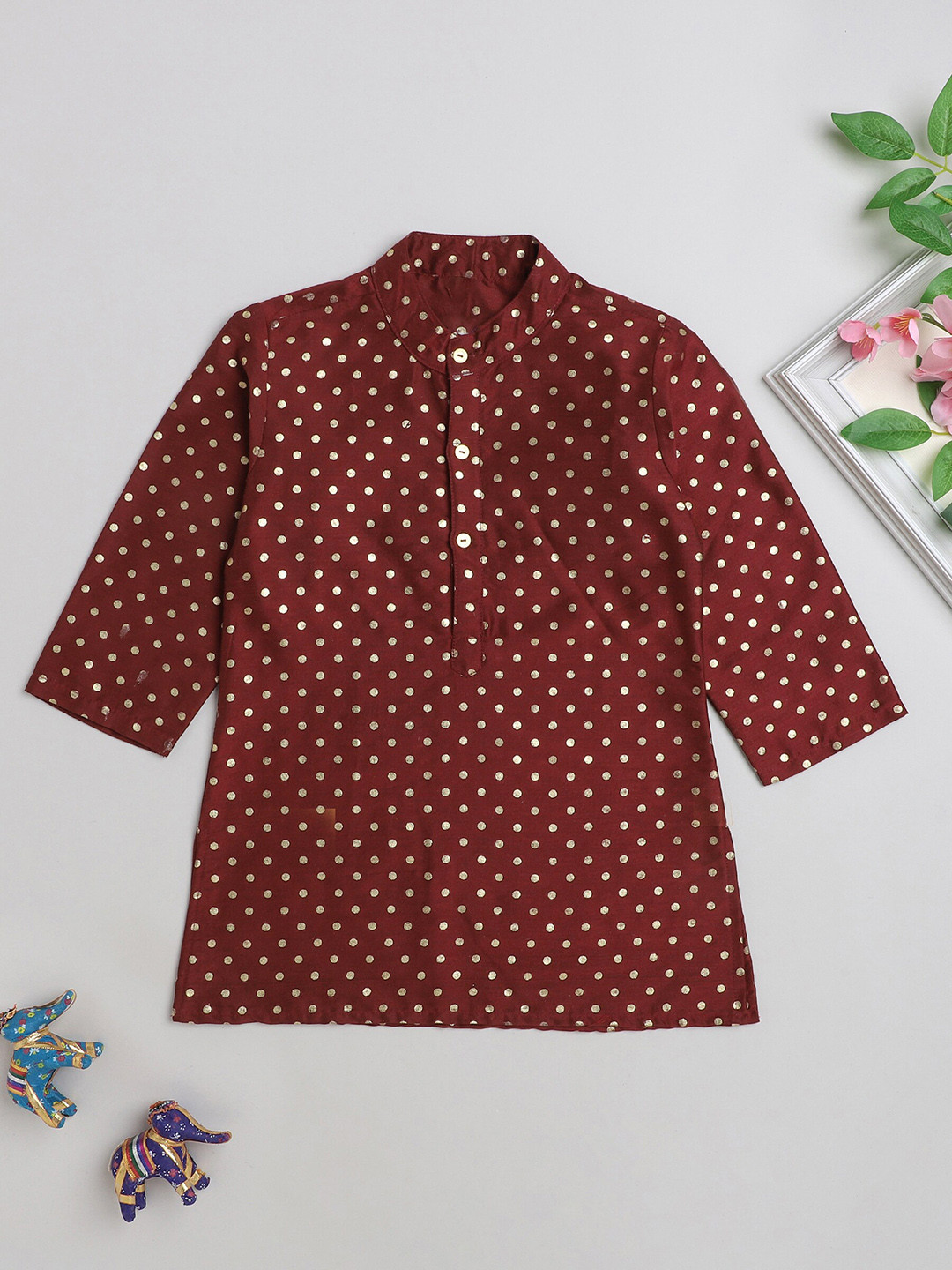 The Magic Wand Boys Polka Dots Printed Mandarin Collar Pure Cotton A-Line Kurta