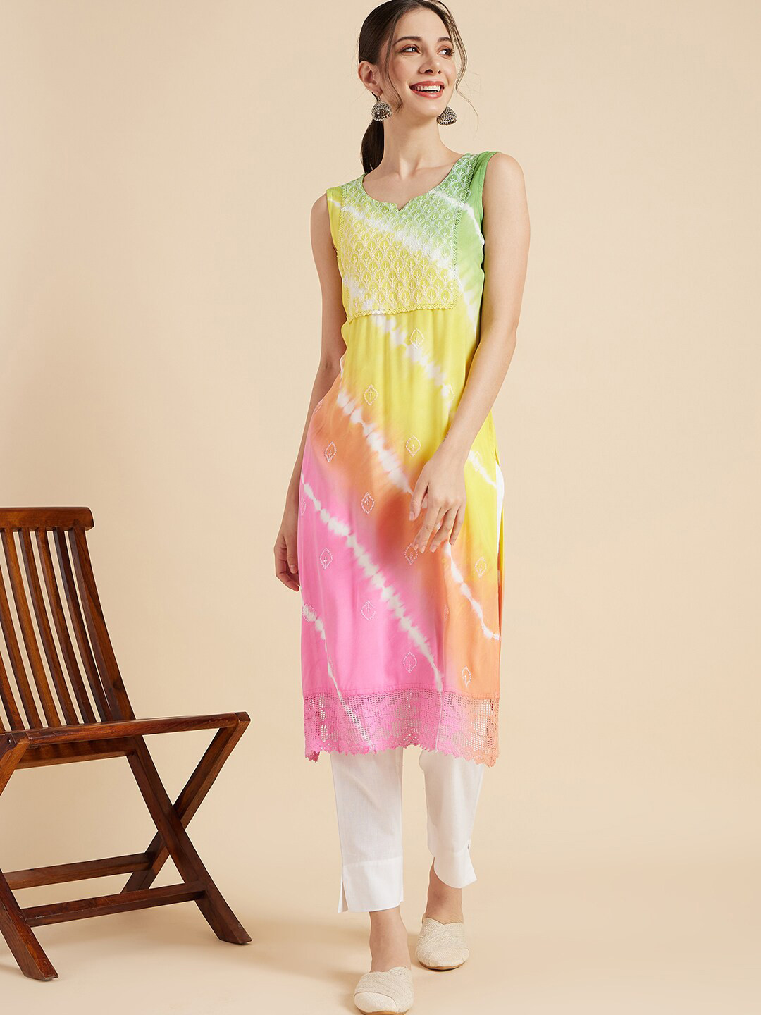 Sangria Yellow Tie & Die Sequinned Straight Kurtas