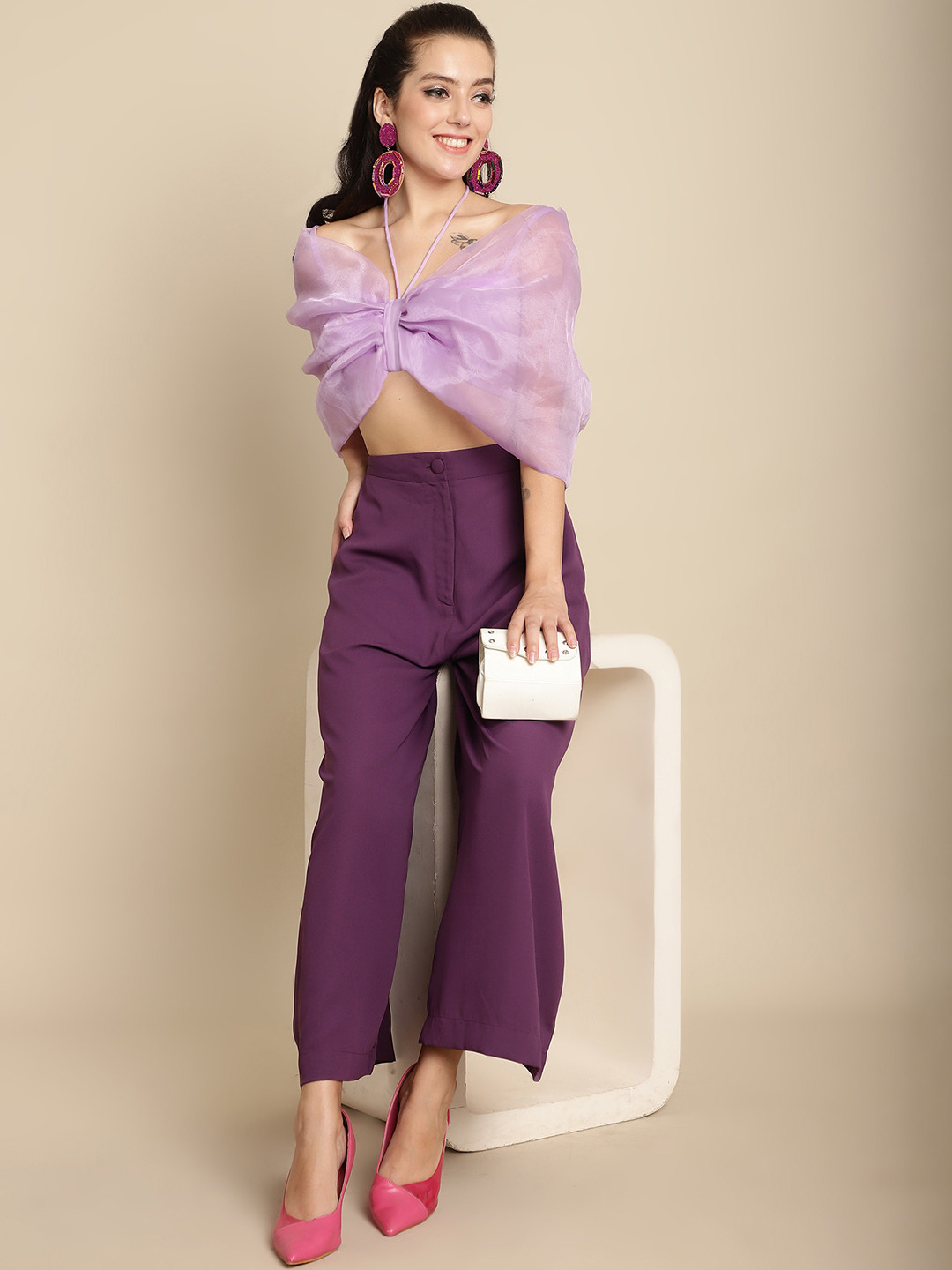 BLANC9 Halter Neck Cape Sleeve Crop Top With Trousers